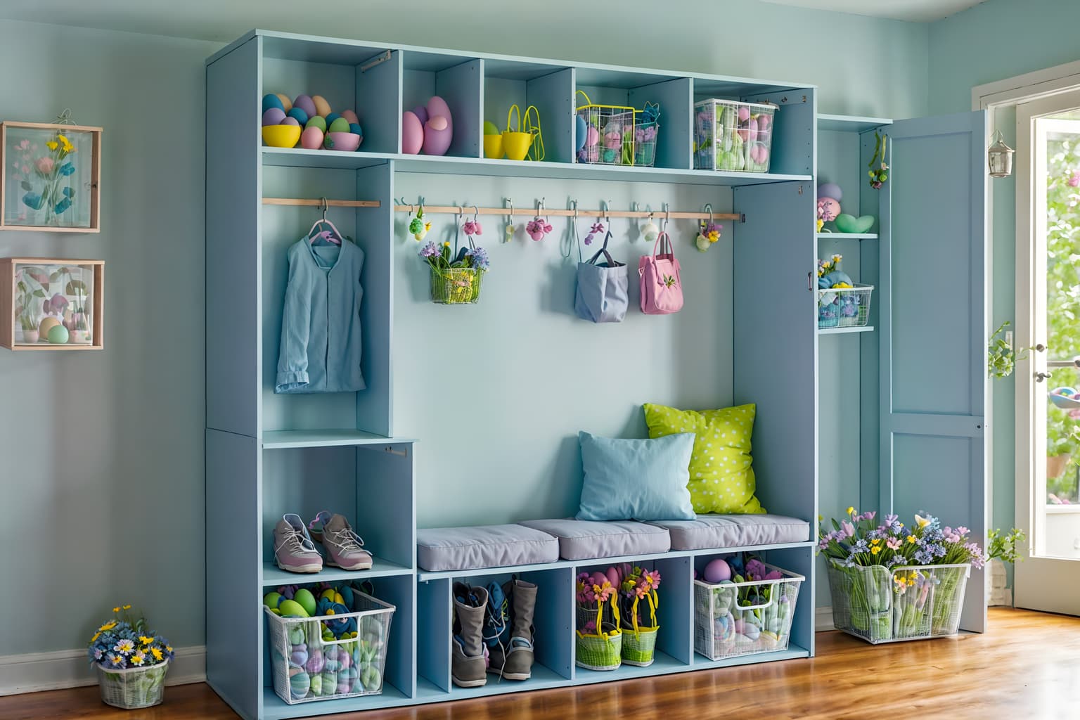 easter-style (drop zone interior) with cabinets and cubbies and storage drawers and shelves for shoes and a bench and high up storage and storage baskets and wall hooks for coats. . with flowers on table and spring decorations and light blue colors and colorful easter eggs and easter decorations and flowers on table. . cinematic photo, highly detailed, cinematic lighting, ultra-detailed, ultrarealistic, photorealism, 8k. easter interior design style. masterpiece, cinematic light, ultrarealistic+, photorealistic+, 8k, raw photo, realistic, sharp focus on eyes, (symmetrical eyes), (intact eyes), hyperrealistic, highest quality, best quality, , highly detailed, masterpiece, best quality, extremely detailed 8k wallpaper, masterpiece, best quality, ultra-detailed, best shadow, detailed background, detailed face, detailed eyes, high contrast, best illumination, detailed face, dulux, caustic, dynamic angle, detailed glow. dramatic lighting. highly detailed, insanely detailed hair, symmetrical, intricate details, professionally retouched, 8k high definition. strong bokeh. award winning photo.