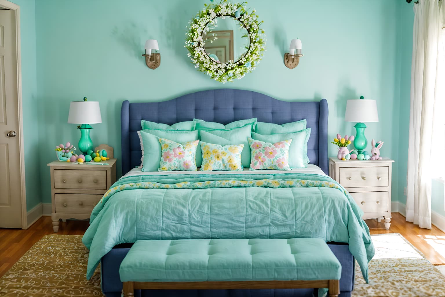 easter-style (bedroom interior) with accent chair and storage bench or ottoman and bed and night light and headboard and dresser closet and bedside table or night stand and mirror. . with flowers on table and spring decorations and light blue colors and easter decorations and colorful easter eggs and flowers on table. . cinematic photo, highly detailed, cinematic lighting, ultra-detailed, ultrarealistic, photorealism, 8k. easter interior design style. masterpiece, cinematic light, ultrarealistic+, photorealistic+, 8k, raw photo, realistic, sharp focus on eyes, (symmetrical eyes), (intact eyes), hyperrealistic, highest quality, best quality, , highly detailed, masterpiece, best quality, extremely detailed 8k wallpaper, masterpiece, best quality, ultra-detailed, best shadow, detailed background, detailed face, detailed eyes, high contrast, best illumination, detailed face, dulux, caustic, dynamic angle, detailed glow. dramatic lighting. highly detailed, insanely detailed hair, symmetrical, intricate details, professionally retouched, 8k high definition. strong bokeh. award winning photo.