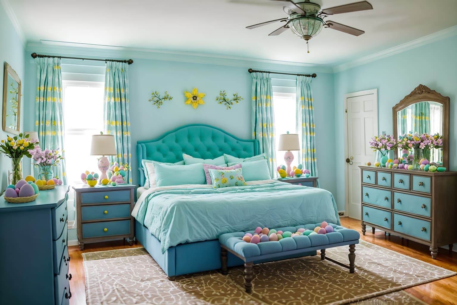 easter-style (bedroom interior) with accent chair and storage bench or ottoman and bed and night light and headboard and dresser closet and bedside table or night stand and mirror. . with flowers on table and spring decorations and light blue colors and easter decorations and colorful easter eggs and flowers on table. . cinematic photo, highly detailed, cinematic lighting, ultra-detailed, ultrarealistic, photorealism, 8k. easter interior design style. masterpiece, cinematic light, ultrarealistic+, photorealistic+, 8k, raw photo, realistic, sharp focus on eyes, (symmetrical eyes), (intact eyes), hyperrealistic, highest quality, best quality, , highly detailed, masterpiece, best quality, extremely detailed 8k wallpaper, masterpiece, best quality, ultra-detailed, best shadow, detailed background, detailed face, detailed eyes, high contrast, best illumination, detailed face, dulux, caustic, dynamic angle, detailed glow. dramatic lighting. highly detailed, insanely detailed hair, symmetrical, intricate details, professionally retouched, 8k high definition. strong bokeh. award winning photo.