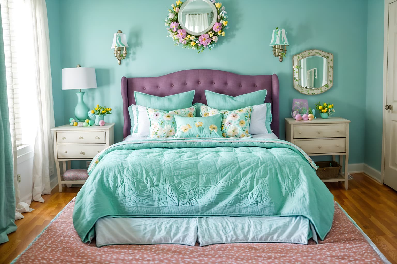 easter-style (bedroom interior) with accent chair and storage bench or ottoman and bed and night light and headboard and dresser closet and bedside table or night stand and mirror. . with flowers on table and spring decorations and light blue colors and easter decorations and colorful easter eggs and flowers on table. . cinematic photo, highly detailed, cinematic lighting, ultra-detailed, ultrarealistic, photorealism, 8k. easter interior design style. masterpiece, cinematic light, ultrarealistic+, photorealistic+, 8k, raw photo, realistic, sharp focus on eyes, (symmetrical eyes), (intact eyes), hyperrealistic, highest quality, best quality, , highly detailed, masterpiece, best quality, extremely detailed 8k wallpaper, masterpiece, best quality, ultra-detailed, best shadow, detailed background, detailed face, detailed eyes, high contrast, best illumination, detailed face, dulux, caustic, dynamic angle, detailed glow. dramatic lighting. highly detailed, insanely detailed hair, symmetrical, intricate details, professionally retouched, 8k high definition. strong bokeh. award winning photo.