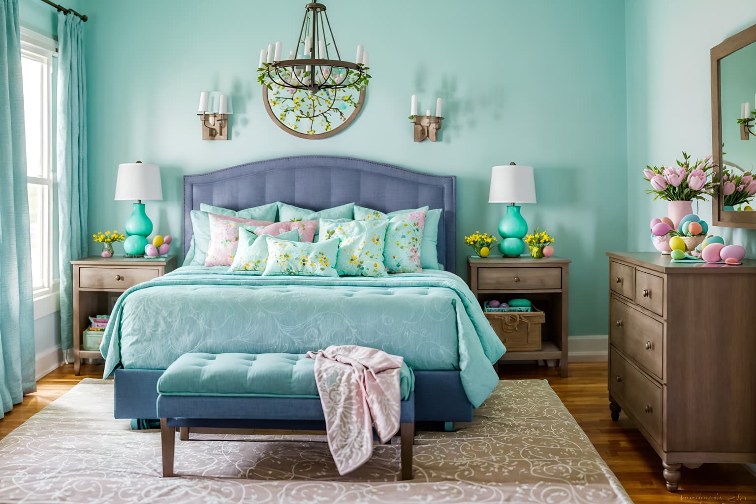 easter-style (bedroom interior) with accent chair and storage bench or ottoman and bed and night light and headboard and dresser closet and bedside table or night stand and mirror. . with flowers on table and spring decorations and light blue colors and easter decorations and colorful easter eggs and flowers on table. . cinematic photo, highly detailed, cinematic lighting, ultra-detailed, ultrarealistic, photorealism, 8k. easter interior design style. masterpiece, cinematic light, ultrarealistic+, photorealistic+, 8k, raw photo, realistic, sharp focus on eyes, (symmetrical eyes), (intact eyes), hyperrealistic, highest quality, best quality, , highly detailed, masterpiece, best quality, extremely detailed 8k wallpaper, masterpiece, best quality, ultra-detailed, best shadow, detailed background, detailed face, detailed eyes, high contrast, best illumination, detailed face, dulux, caustic, dynamic angle, detailed glow. dramatic lighting. highly detailed, insanely detailed hair, symmetrical, intricate details, professionally retouched, 8k high definition. strong bokeh. award winning photo.