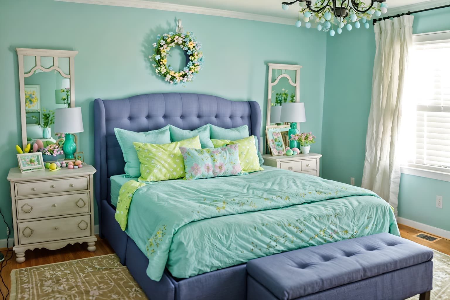 easter-style (bedroom interior) with accent chair and storage bench or ottoman and bed and night light and headboard and dresser closet and bedside table or night stand and mirror. . with flowers on table and spring decorations and light blue colors and easter decorations and colorful easter eggs and flowers on table. . cinematic photo, highly detailed, cinematic lighting, ultra-detailed, ultrarealistic, photorealism, 8k. easter interior design style. masterpiece, cinematic light, ultrarealistic+, photorealistic+, 8k, raw photo, realistic, sharp focus on eyes, (symmetrical eyes), (intact eyes), hyperrealistic, highest quality, best quality, , highly detailed, masterpiece, best quality, extremely detailed 8k wallpaper, masterpiece, best quality, ultra-detailed, best shadow, detailed background, detailed face, detailed eyes, high contrast, best illumination, detailed face, dulux, caustic, dynamic angle, detailed glow. dramatic lighting. highly detailed, insanely detailed hair, symmetrical, intricate details, professionally retouched, 8k high definition. strong bokeh. award winning photo.
