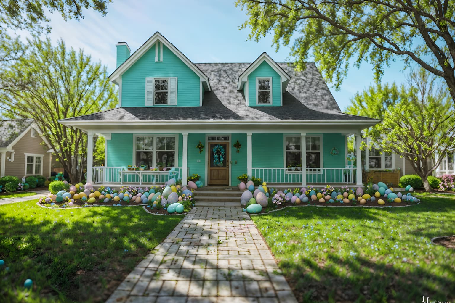 easter-style exterior designed (house exterior exterior) . with spring decorations and colorful easter eggs and light blue colors and easter decorations and flowers on table and spring decorations. . cinematic photo, highly detailed, cinematic lighting, ultra-detailed, ultrarealistic, photorealism, 8k. easter exterior design style. masterpiece, cinematic light, ultrarealistic+, photorealistic+, 8k, raw photo, realistic, sharp focus on eyes, (symmetrical eyes), (intact eyes), hyperrealistic, highest quality, best quality, , highly detailed, masterpiece, best quality, extremely detailed 8k wallpaper, masterpiece, best quality, ultra-detailed, best shadow, detailed background, detailed face, detailed eyes, high contrast, best illumination, detailed face, dulux, caustic, dynamic angle, detailed glow. dramatic lighting. highly detailed, insanely detailed hair, symmetrical, intricate details, professionally retouched, 8k high definition. strong bokeh. award winning photo.
