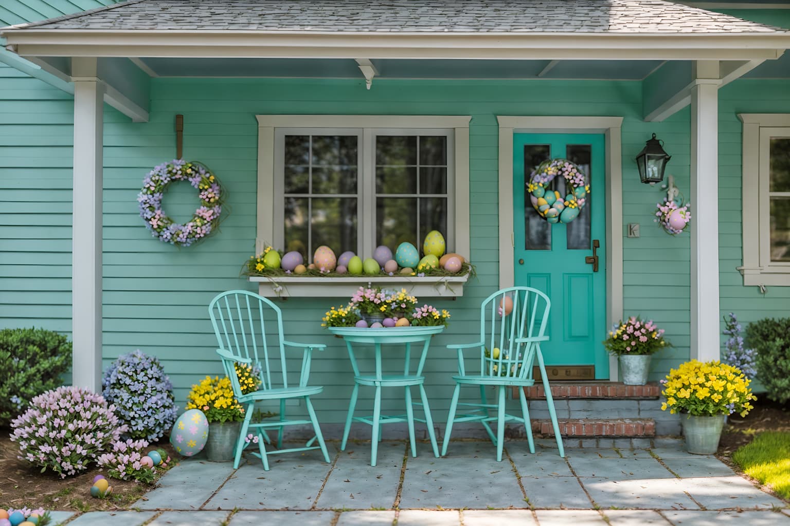 easter-style exterior designed (house exterior exterior) . with spring decorations and colorful easter eggs and light blue colors and easter decorations and flowers on table and spring decorations. . cinematic photo, highly detailed, cinematic lighting, ultra-detailed, ultrarealistic, photorealism, 8k. easter exterior design style. masterpiece, cinematic light, ultrarealistic+, photorealistic+, 8k, raw photo, realistic, sharp focus on eyes, (symmetrical eyes), (intact eyes), hyperrealistic, highest quality, best quality, , highly detailed, masterpiece, best quality, extremely detailed 8k wallpaper, masterpiece, best quality, ultra-detailed, best shadow, detailed background, detailed face, detailed eyes, high contrast, best illumination, detailed face, dulux, caustic, dynamic angle, detailed glow. dramatic lighting. highly detailed, insanely detailed hair, symmetrical, intricate details, professionally retouched, 8k high definition. strong bokeh. award winning photo.
