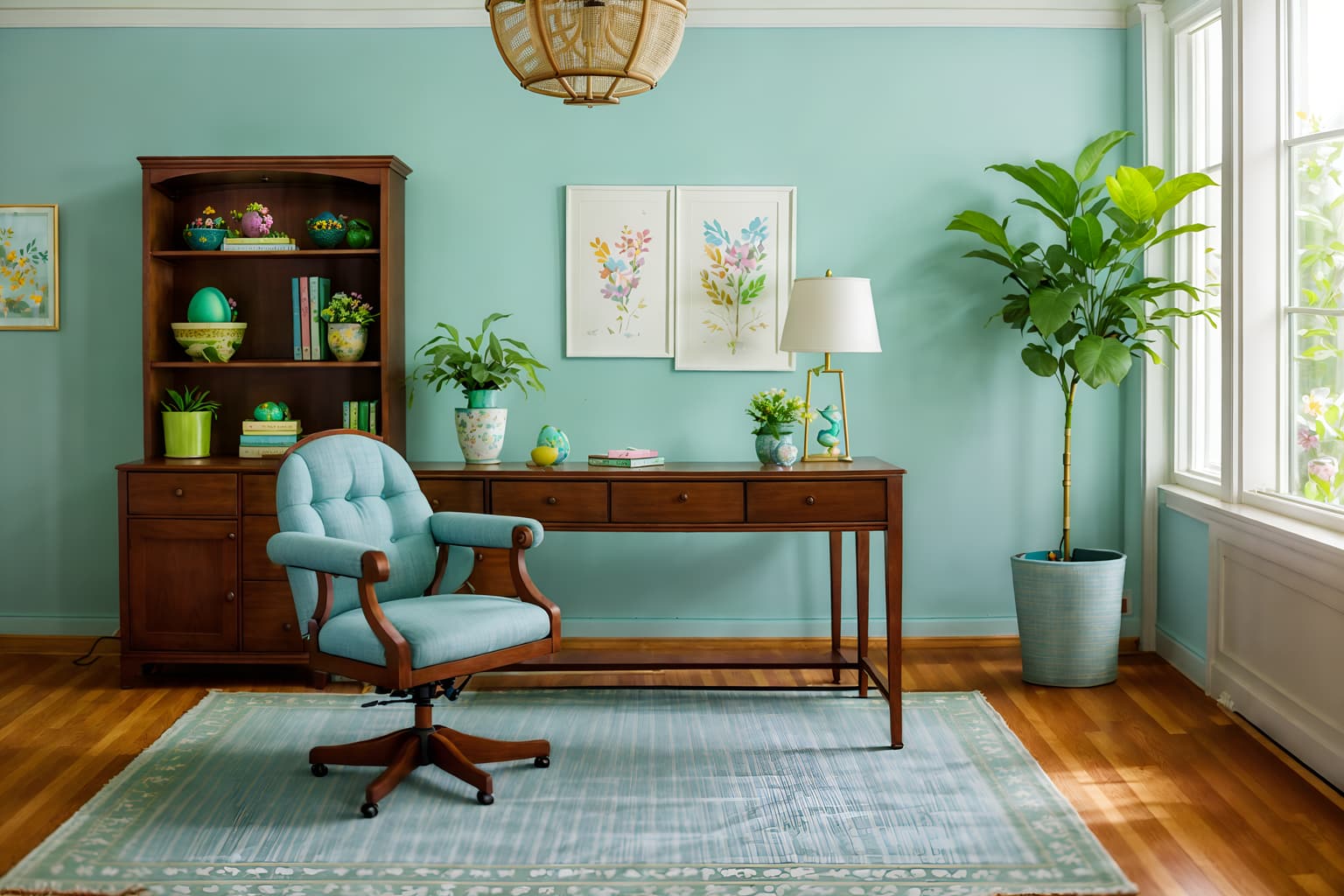 easter-style (study room interior) with lounge chair and cabinets and desk lamp and plant and office chair and bookshelves and writing desk and lounge chair. . with flowers on table and easter decorations and colorful easter eggs and light blue colors and spring decorations and flowers on table. . cinematic photo, highly detailed, cinematic lighting, ultra-detailed, ultrarealistic, photorealism, 8k. easter interior design style. masterpiece, cinematic light, ultrarealistic+, photorealistic+, 8k, raw photo, realistic, sharp focus on eyes, (symmetrical eyes), (intact eyes), hyperrealistic, highest quality, best quality, , highly detailed, masterpiece, best quality, extremely detailed 8k wallpaper, masterpiece, best quality, ultra-detailed, best shadow, detailed background, detailed face, detailed eyes, high contrast, best illumination, detailed face, dulux, caustic, dynamic angle, detailed glow. dramatic lighting. highly detailed, insanely detailed hair, symmetrical, intricate details, professionally retouched, 8k high definition. strong bokeh. award winning photo.