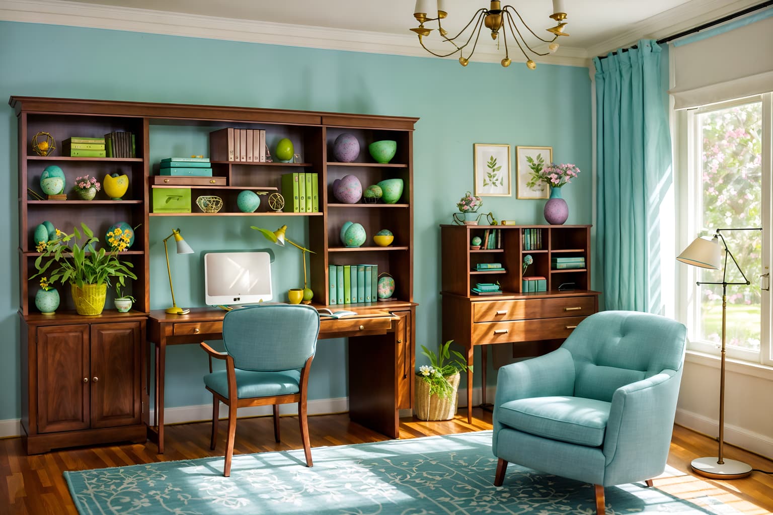 easter-style (study room interior) with lounge chair and cabinets and desk lamp and plant and office chair and bookshelves and writing desk and lounge chair. . with flowers on table and easter decorations and colorful easter eggs and light blue colors and spring decorations and flowers on table. . cinematic photo, highly detailed, cinematic lighting, ultra-detailed, ultrarealistic, photorealism, 8k. easter interior design style. masterpiece, cinematic light, ultrarealistic+, photorealistic+, 8k, raw photo, realistic, sharp focus on eyes, (symmetrical eyes), (intact eyes), hyperrealistic, highest quality, best quality, , highly detailed, masterpiece, best quality, extremely detailed 8k wallpaper, masterpiece, best quality, ultra-detailed, best shadow, detailed background, detailed face, detailed eyes, high contrast, best illumination, detailed face, dulux, caustic, dynamic angle, detailed glow. dramatic lighting. highly detailed, insanely detailed hair, symmetrical, intricate details, professionally retouched, 8k high definition. strong bokeh. award winning photo.