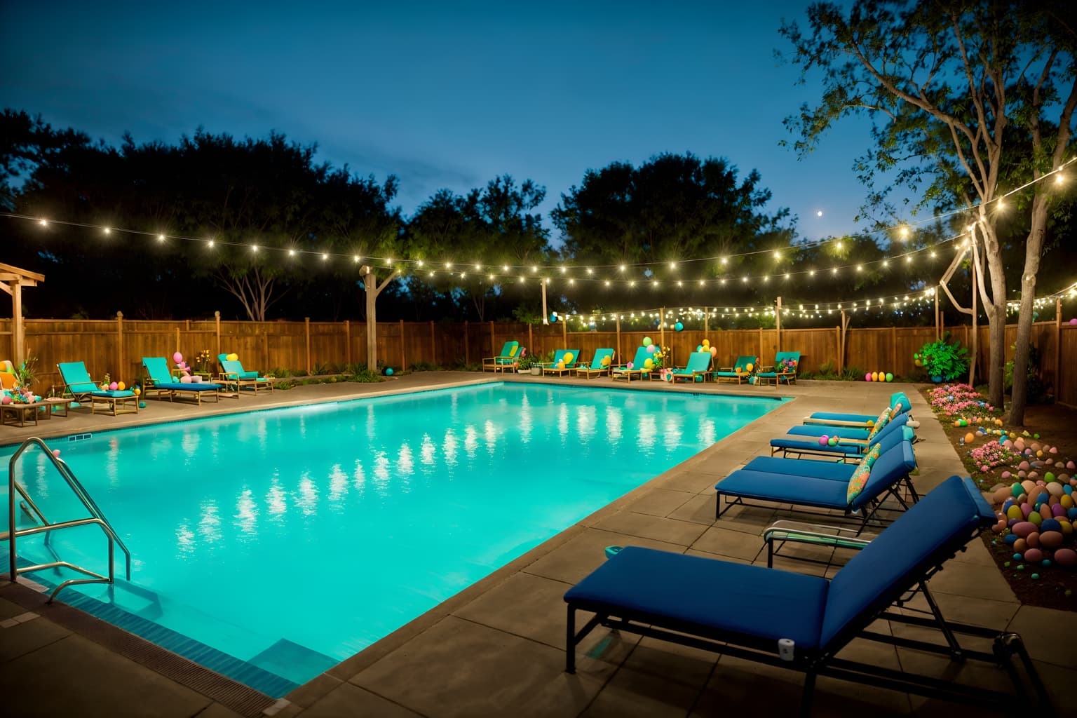 easter-style designed (outdoor pool area ) with pool and pool lights and pool lounge chairs and pool. . with colorful easter eggs and flowers on table and spring decorations and easter decorations and light blue colors and colorful easter eggs. . cinematic photo, highly detailed, cinematic lighting, ultra-detailed, ultrarealistic, photorealism, 8k. easter design style. masterpiece, cinematic light, ultrarealistic+, photorealistic+, 8k, raw photo, realistic, sharp focus on eyes, (symmetrical eyes), (intact eyes), hyperrealistic, highest quality, best quality, , highly detailed, masterpiece, best quality, extremely detailed 8k wallpaper, masterpiece, best quality, ultra-detailed, best shadow, detailed background, detailed face, detailed eyes, high contrast, best illumination, detailed face, dulux, caustic, dynamic angle, detailed glow. dramatic lighting. highly detailed, insanely detailed hair, symmetrical, intricate details, professionally retouched, 8k high definition. strong bokeh. award winning photo.