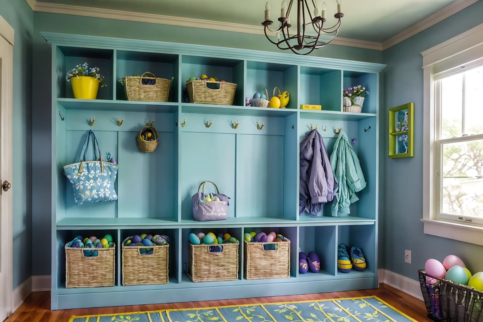 easter-style (mudroom interior) with a bench and cubbies and storage drawers and wall hooks for coats and cabinets and shelves for shoes and storage baskets and high up storage. . with spring decorations and light blue colors and colorful easter eggs and flowers on table and easter decorations and spring decorations. . cinematic photo, highly detailed, cinematic lighting, ultra-detailed, ultrarealistic, photorealism, 8k. easter interior design style. masterpiece, cinematic light, ultrarealistic+, photorealistic+, 8k, raw photo, realistic, sharp focus on eyes, (symmetrical eyes), (intact eyes), hyperrealistic, highest quality, best quality, , highly detailed, masterpiece, best quality, extremely detailed 8k wallpaper, masterpiece, best quality, ultra-detailed, best shadow, detailed background, detailed face, detailed eyes, high contrast, best illumination, detailed face, dulux, caustic, dynamic angle, detailed glow. dramatic lighting. highly detailed, insanely detailed hair, symmetrical, intricate details, professionally retouched, 8k high definition. strong bokeh. award winning photo.