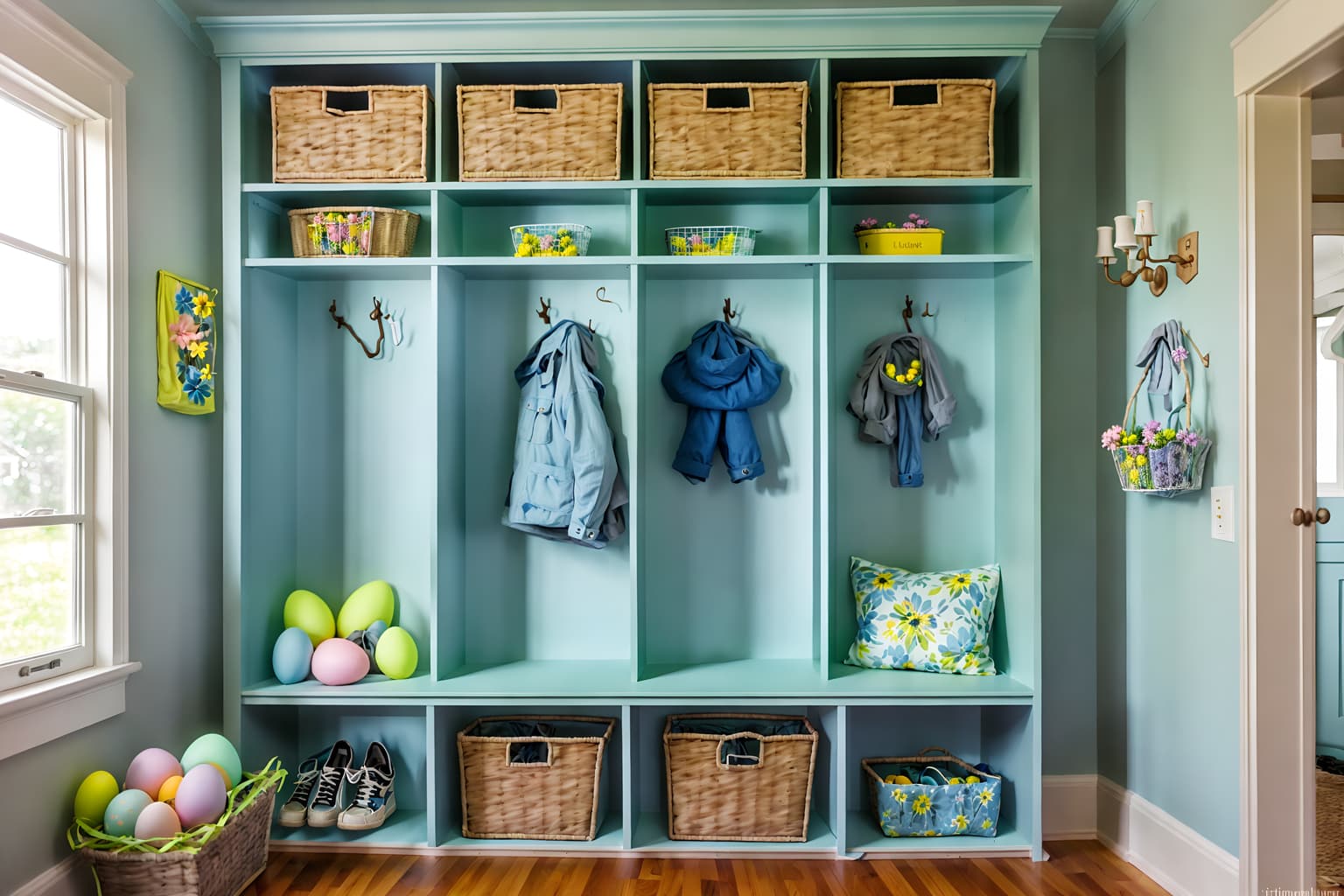 easter-style (mudroom interior) with a bench and cubbies and storage drawers and wall hooks for coats and cabinets and shelves for shoes and storage baskets and high up storage. . with spring decorations and light blue colors and colorful easter eggs and flowers on table and easter decorations and spring decorations. . cinematic photo, highly detailed, cinematic lighting, ultra-detailed, ultrarealistic, photorealism, 8k. easter interior design style. masterpiece, cinematic light, ultrarealistic+, photorealistic+, 8k, raw photo, realistic, sharp focus on eyes, (symmetrical eyes), (intact eyes), hyperrealistic, highest quality, best quality, , highly detailed, masterpiece, best quality, extremely detailed 8k wallpaper, masterpiece, best quality, ultra-detailed, best shadow, detailed background, detailed face, detailed eyes, high contrast, best illumination, detailed face, dulux, caustic, dynamic angle, detailed glow. dramatic lighting. highly detailed, insanely detailed hair, symmetrical, intricate details, professionally retouched, 8k high definition. strong bokeh. award winning photo.