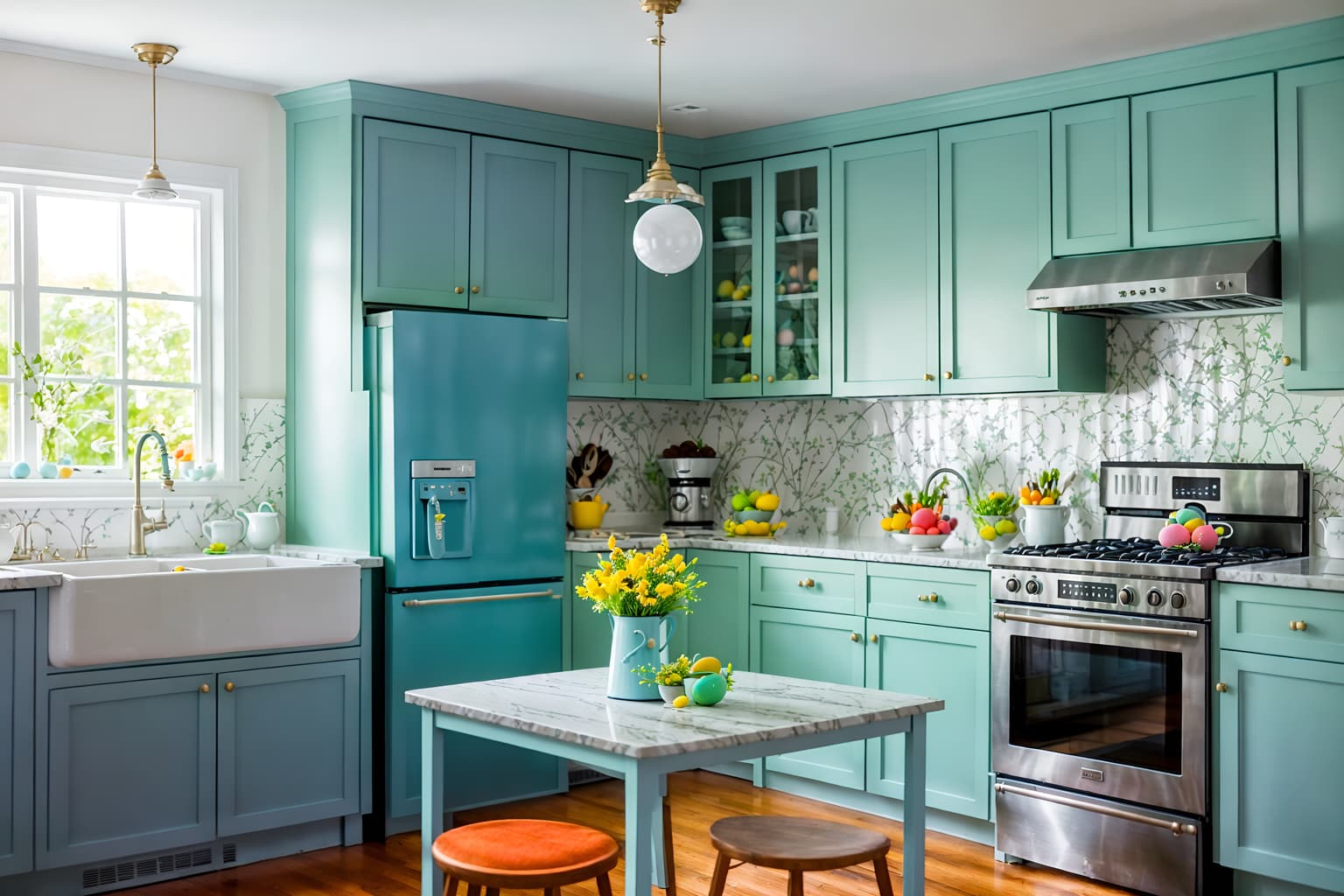 easter-style (kitchen interior) with sink and refrigerator and stove and worktops and plant and kitchen cabinets and sink. . with spring decorations and light blue colors and colorful easter eggs and flowers on table and easter decorations and spring decorations. . cinematic photo, highly detailed, cinematic lighting, ultra-detailed, ultrarealistic, photorealism, 8k. easter interior design style. masterpiece, cinematic light, ultrarealistic+, photorealistic+, 8k, raw photo, realistic, sharp focus on eyes, (symmetrical eyes), (intact eyes), hyperrealistic, highest quality, best quality, , highly detailed, masterpiece, best quality, extremely detailed 8k wallpaper, masterpiece, best quality, ultra-detailed, best shadow, detailed background, detailed face, detailed eyes, high contrast, best illumination, detailed face, dulux, caustic, dynamic angle, detailed glow. dramatic lighting. highly detailed, insanely detailed hair, symmetrical, intricate details, professionally retouched, 8k high definition. strong bokeh. award winning photo.