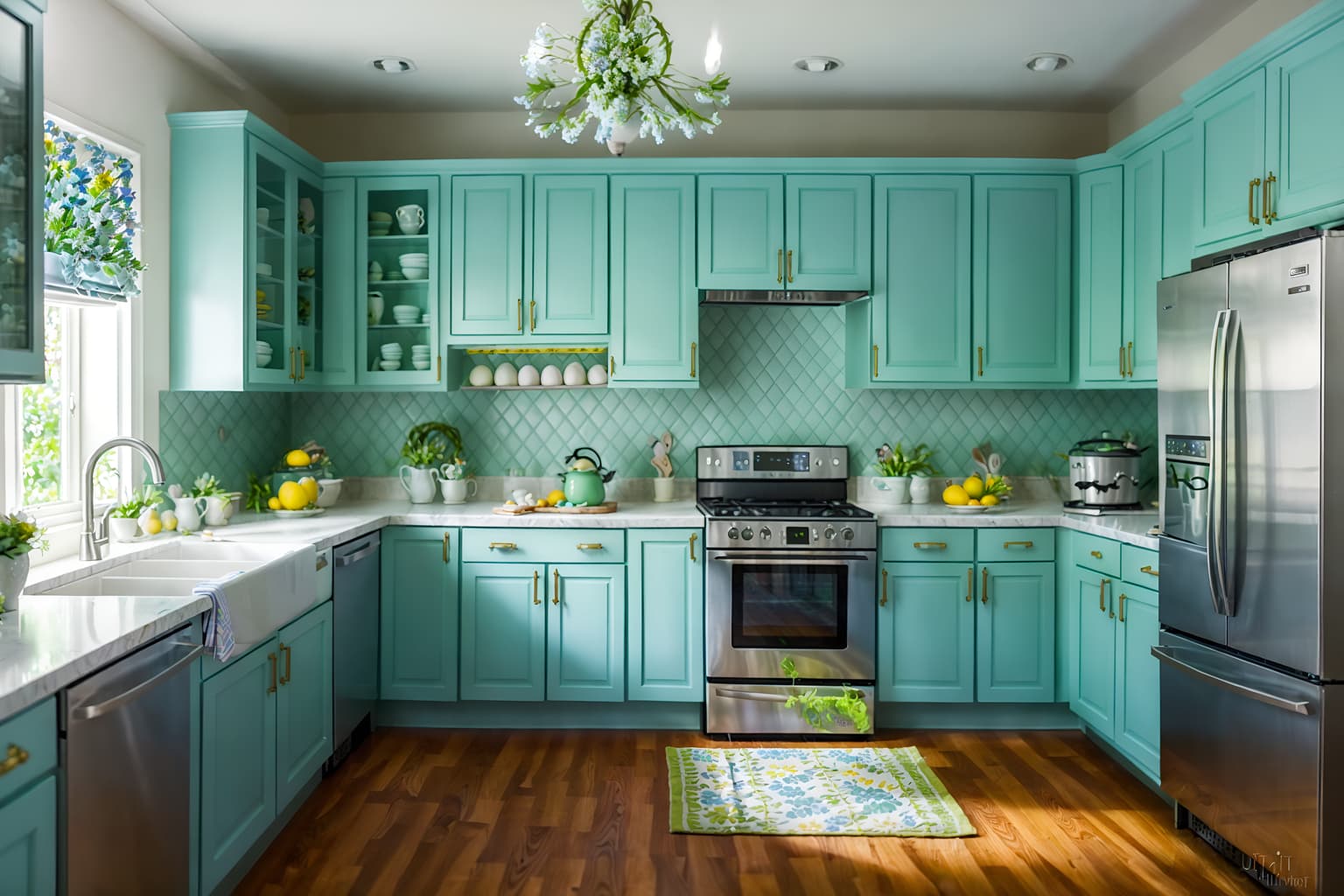 easter-style (kitchen interior) with sink and refrigerator and stove and worktops and plant and kitchen cabinets and sink. . with spring decorations and light blue colors and colorful easter eggs and flowers on table and easter decorations and spring decorations. . cinematic photo, highly detailed, cinematic lighting, ultra-detailed, ultrarealistic, photorealism, 8k. easter interior design style. masterpiece, cinematic light, ultrarealistic+, photorealistic+, 8k, raw photo, realistic, sharp focus on eyes, (symmetrical eyes), (intact eyes), hyperrealistic, highest quality, best quality, , highly detailed, masterpiece, best quality, extremely detailed 8k wallpaper, masterpiece, best quality, ultra-detailed, best shadow, detailed background, detailed face, detailed eyes, high contrast, best illumination, detailed face, dulux, caustic, dynamic angle, detailed glow. dramatic lighting. highly detailed, insanely detailed hair, symmetrical, intricate details, professionally retouched, 8k high definition. strong bokeh. award winning photo.