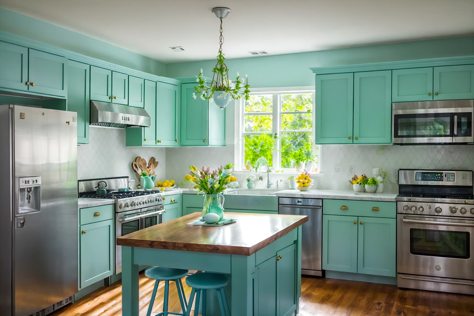 easter-style (kitchen interior) with sink and refrigerator and stove and worktops and plant and kitchen cabinets and sink. . with spring decorations and light blue colors and colorful easter eggs and flowers on table and easter decorations and spring decorations. . cinematic photo, highly detailed, cinematic lighting, ultra-detailed, ultrarealistic, photorealism, 8k. easter interior design style. masterpiece, cinematic light, ultrarealistic+, photorealistic+, 8k, raw photo, realistic, sharp focus on eyes, (symmetrical eyes), (intact eyes), hyperrealistic, highest quality, best quality, , highly detailed, masterpiece, best quality, extremely detailed 8k wallpaper, masterpiece, best quality, ultra-detailed, best shadow, detailed background, detailed face, detailed eyes, high contrast, best illumination, detailed face, dulux, caustic, dynamic angle, detailed glow. dramatic lighting. highly detailed, insanely detailed hair, symmetrical, intricate details, professionally retouched, 8k high definition. strong bokeh. award winning photo.