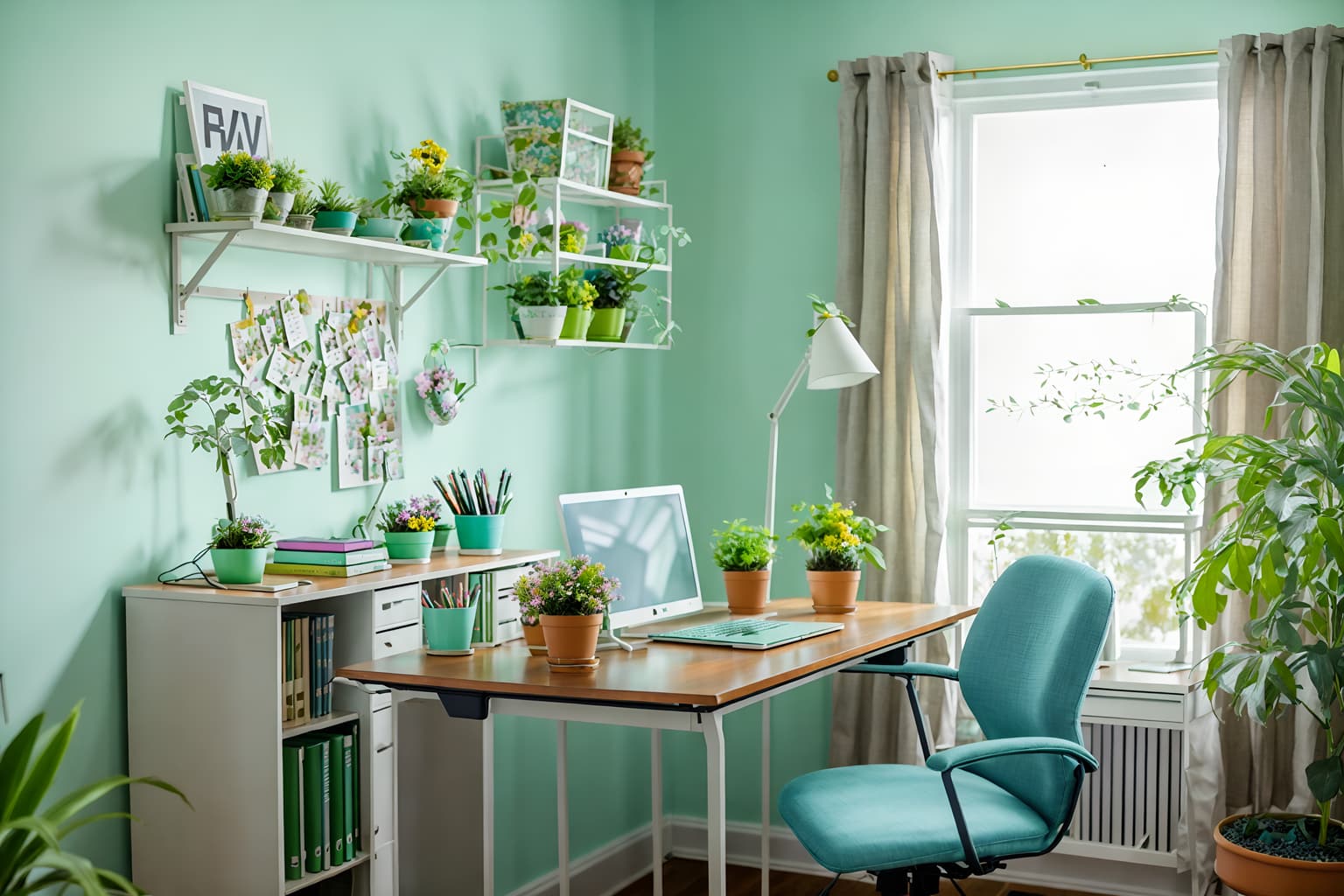 easter-style (home office interior) with plant and cabinets and computer desk and desk lamp and office chair and plant. . with flowers on table and easter decorations and spring decorations and colorful easter eggs and light blue colors and flowers on table. . cinematic photo, highly detailed, cinematic lighting, ultra-detailed, ultrarealistic, photorealism, 8k. easter interior design style. masterpiece, cinematic light, ultrarealistic+, photorealistic+, 8k, raw photo, realistic, sharp focus on eyes, (symmetrical eyes), (intact eyes), hyperrealistic, highest quality, best quality, , highly detailed, masterpiece, best quality, extremely detailed 8k wallpaper, masterpiece, best quality, ultra-detailed, best shadow, detailed background, detailed face, detailed eyes, high contrast, best illumination, detailed face, dulux, caustic, dynamic angle, detailed glow. dramatic lighting. highly detailed, insanely detailed hair, symmetrical, intricate details, professionally retouched, 8k high definition. strong bokeh. award winning photo.