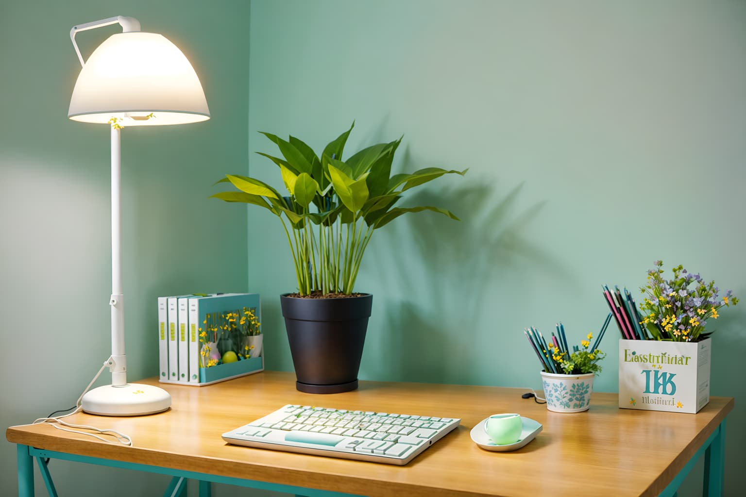 easter-style (home office interior) with plant and cabinets and computer desk and desk lamp and office chair and plant. . with flowers on table and easter decorations and spring decorations and colorful easter eggs and light blue colors and flowers on table. . cinematic photo, highly detailed, cinematic lighting, ultra-detailed, ultrarealistic, photorealism, 8k. easter interior design style. masterpiece, cinematic light, ultrarealistic+, photorealistic+, 8k, raw photo, realistic, sharp focus on eyes, (symmetrical eyes), (intact eyes), hyperrealistic, highest quality, best quality, , highly detailed, masterpiece, best quality, extremely detailed 8k wallpaper, masterpiece, best quality, ultra-detailed, best shadow, detailed background, detailed face, detailed eyes, high contrast, best illumination, detailed face, dulux, caustic, dynamic angle, detailed glow. dramatic lighting. highly detailed, insanely detailed hair, symmetrical, intricate details, professionally retouched, 8k high definition. strong bokeh. award winning photo.