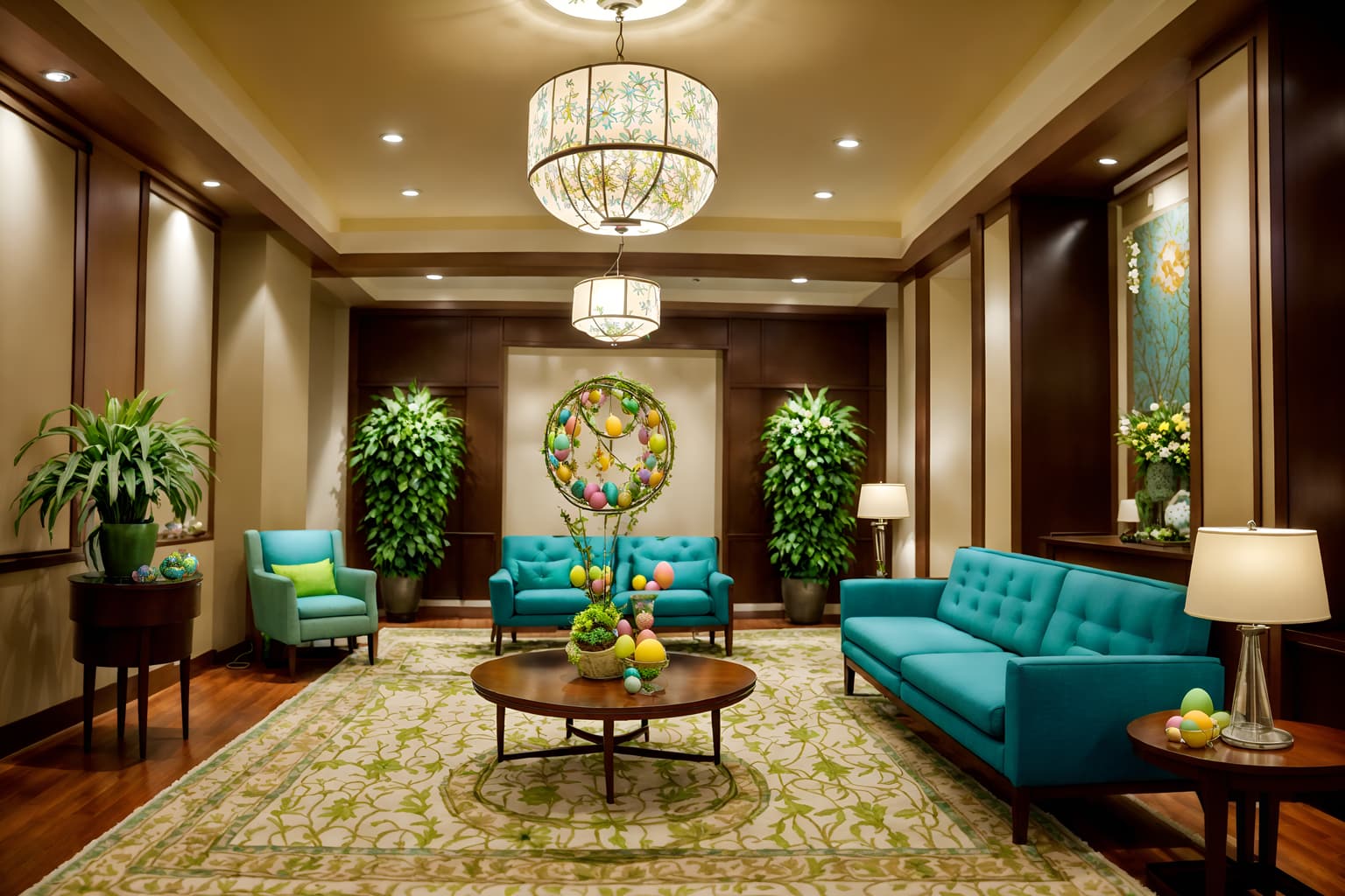 easter-style (hotel lobby interior) with sofas and coffee tables and plant and furniture and rug and hanging lamps and lounge chairs and check in desk. . with colorful easter eggs and spring decorations and light blue colors and easter decorations and flowers on table and colorful easter eggs. . cinematic photo, highly detailed, cinematic lighting, ultra-detailed, ultrarealistic, photorealism, 8k. easter interior design style. masterpiece, cinematic light, ultrarealistic+, photorealistic+, 8k, raw photo, realistic, sharp focus on eyes, (symmetrical eyes), (intact eyes), hyperrealistic, highest quality, best quality, , highly detailed, masterpiece, best quality, extremely detailed 8k wallpaper, masterpiece, best quality, ultra-detailed, best shadow, detailed background, detailed face, detailed eyes, high contrast, best illumination, detailed face, dulux, caustic, dynamic angle, detailed glow. dramatic lighting. highly detailed, insanely detailed hair, symmetrical, intricate details, professionally retouched, 8k high definition. strong bokeh. award winning photo.