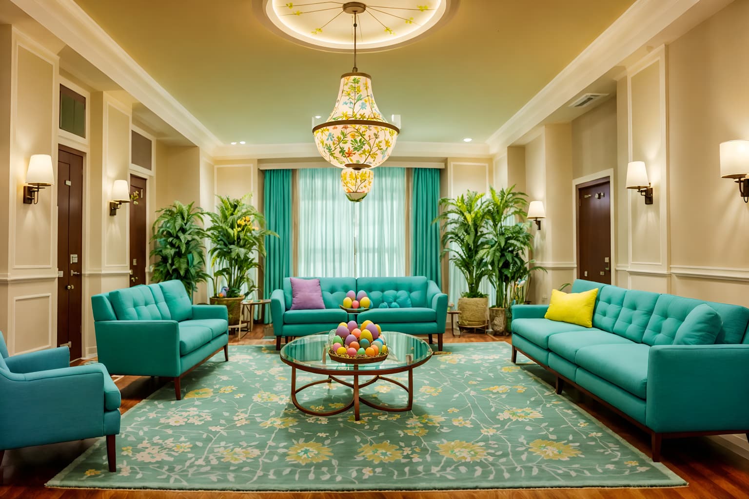 easter-style (hotel lobby interior) with sofas and coffee tables and plant and furniture and rug and hanging lamps and lounge chairs and check in desk. . with colorful easter eggs and spring decorations and light blue colors and easter decorations and flowers on table and colorful easter eggs. . cinematic photo, highly detailed, cinematic lighting, ultra-detailed, ultrarealistic, photorealism, 8k. easter interior design style. masterpiece, cinematic light, ultrarealistic+, photorealistic+, 8k, raw photo, realistic, sharp focus on eyes, (symmetrical eyes), (intact eyes), hyperrealistic, highest quality, best quality, , highly detailed, masterpiece, best quality, extremely detailed 8k wallpaper, masterpiece, best quality, ultra-detailed, best shadow, detailed background, detailed face, detailed eyes, high contrast, best illumination, detailed face, dulux, caustic, dynamic angle, detailed glow. dramatic lighting. highly detailed, insanely detailed hair, symmetrical, intricate details, professionally retouched, 8k high definition. strong bokeh. award winning photo.