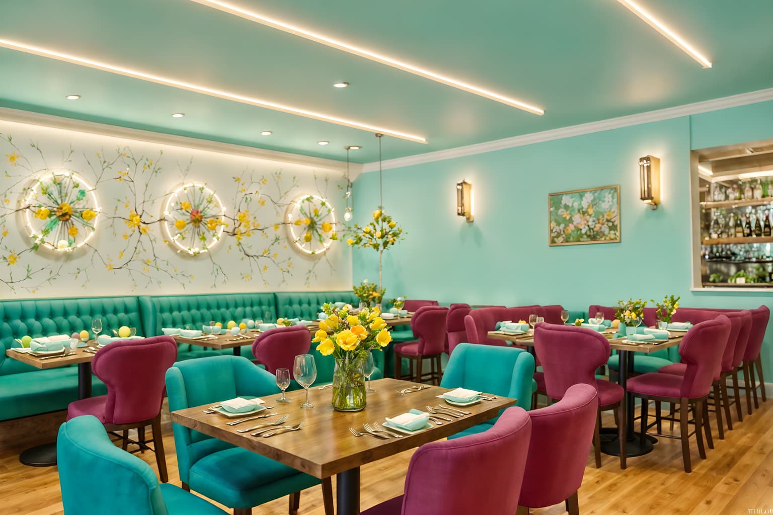 easter-style (restaurant interior) with restaurant decor and restaurant dining tables and restaurant chairs and restaurant bar and restaurant decor. . with spring decorations and light blue colors and flowers on table and colorful easter eggs and easter decorations and spring decorations. . cinematic photo, highly detailed, cinematic lighting, ultra-detailed, ultrarealistic, photorealism, 8k. easter interior design style. masterpiece, cinematic light, ultrarealistic+, photorealistic+, 8k, raw photo, realistic, sharp focus on eyes, (symmetrical eyes), (intact eyes), hyperrealistic, highest quality, best quality, , highly detailed, masterpiece, best quality, extremely detailed 8k wallpaper, masterpiece, best quality, ultra-detailed, best shadow, detailed background, detailed face, detailed eyes, high contrast, best illumination, detailed face, dulux, caustic, dynamic angle, detailed glow. dramatic lighting. highly detailed, insanely detailed hair, symmetrical, intricate details, professionally retouched, 8k high definition. strong bokeh. award winning photo.