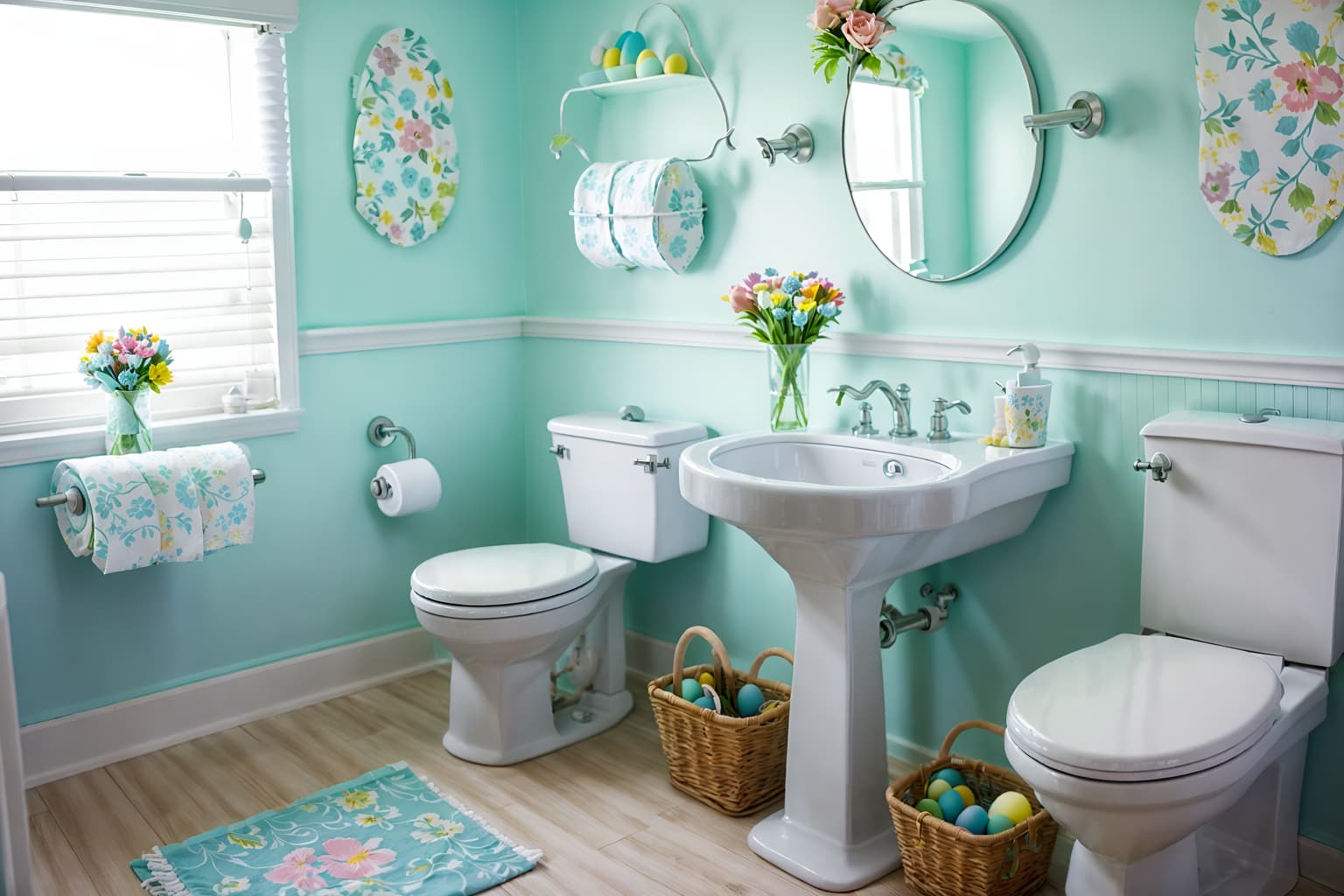 easter-style (toilet interior) with sink with tap and toilet paper hanger and toilet with toilet seat up and sink with tap. . with flowers on table and colorful easter eggs and light blue colors and easter decorations and spring decorations and flowers on table. . cinematic photo, highly detailed, cinematic lighting, ultra-detailed, ultrarealistic, photorealism, 8k. easter interior design style. masterpiece, cinematic light, ultrarealistic+, photorealistic+, 8k, raw photo, realistic, sharp focus on eyes, (symmetrical eyes), (intact eyes), hyperrealistic, highest quality, best quality, , highly detailed, masterpiece, best quality, extremely detailed 8k wallpaper, masterpiece, best quality, ultra-detailed, best shadow, detailed background, detailed face, detailed eyes, high contrast, best illumination, detailed face, dulux, caustic, dynamic angle, detailed glow. dramatic lighting. highly detailed, insanely detailed hair, symmetrical, intricate details, professionally retouched, 8k high definition. strong bokeh. award winning photo.