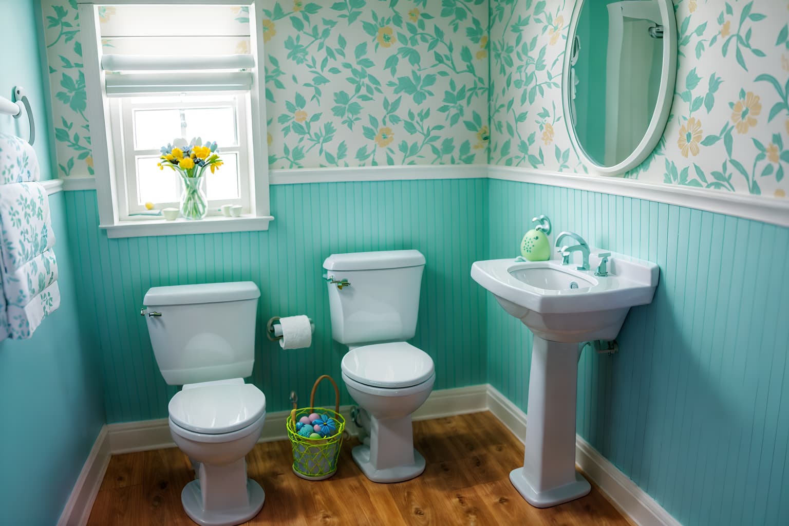 easter-style (toilet interior) with sink with tap and toilet paper hanger and toilet with toilet seat up and sink with tap. . with flowers on table and colorful easter eggs and light blue colors and easter decorations and spring decorations and flowers on table. . cinematic photo, highly detailed, cinematic lighting, ultra-detailed, ultrarealistic, photorealism, 8k. easter interior design style. masterpiece, cinematic light, ultrarealistic+, photorealistic+, 8k, raw photo, realistic, sharp focus on eyes, (symmetrical eyes), (intact eyes), hyperrealistic, highest quality, best quality, , highly detailed, masterpiece, best quality, extremely detailed 8k wallpaper, masterpiece, best quality, ultra-detailed, best shadow, detailed background, detailed face, detailed eyes, high contrast, best illumination, detailed face, dulux, caustic, dynamic angle, detailed glow. dramatic lighting. highly detailed, insanely detailed hair, symmetrical, intricate details, professionally retouched, 8k high definition. strong bokeh. award winning photo.