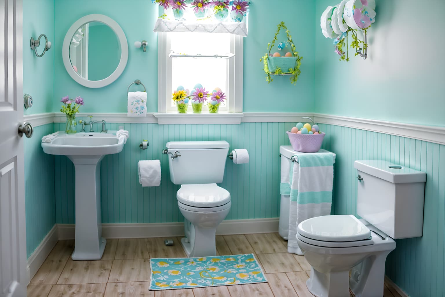 easter-style (toilet interior) with sink with tap and toilet paper hanger and toilet with toilet seat up and sink with tap. . with flowers on table and colorful easter eggs and light blue colors and easter decorations and spring decorations and flowers on table. . cinematic photo, highly detailed, cinematic lighting, ultra-detailed, ultrarealistic, photorealism, 8k. easter interior design style. masterpiece, cinematic light, ultrarealistic+, photorealistic+, 8k, raw photo, realistic, sharp focus on eyes, (symmetrical eyes), (intact eyes), hyperrealistic, highest quality, best quality, , highly detailed, masterpiece, best quality, extremely detailed 8k wallpaper, masterpiece, best quality, ultra-detailed, best shadow, detailed background, detailed face, detailed eyes, high contrast, best illumination, detailed face, dulux, caustic, dynamic angle, detailed glow. dramatic lighting. highly detailed, insanely detailed hair, symmetrical, intricate details, professionally retouched, 8k high definition. strong bokeh. award winning photo.