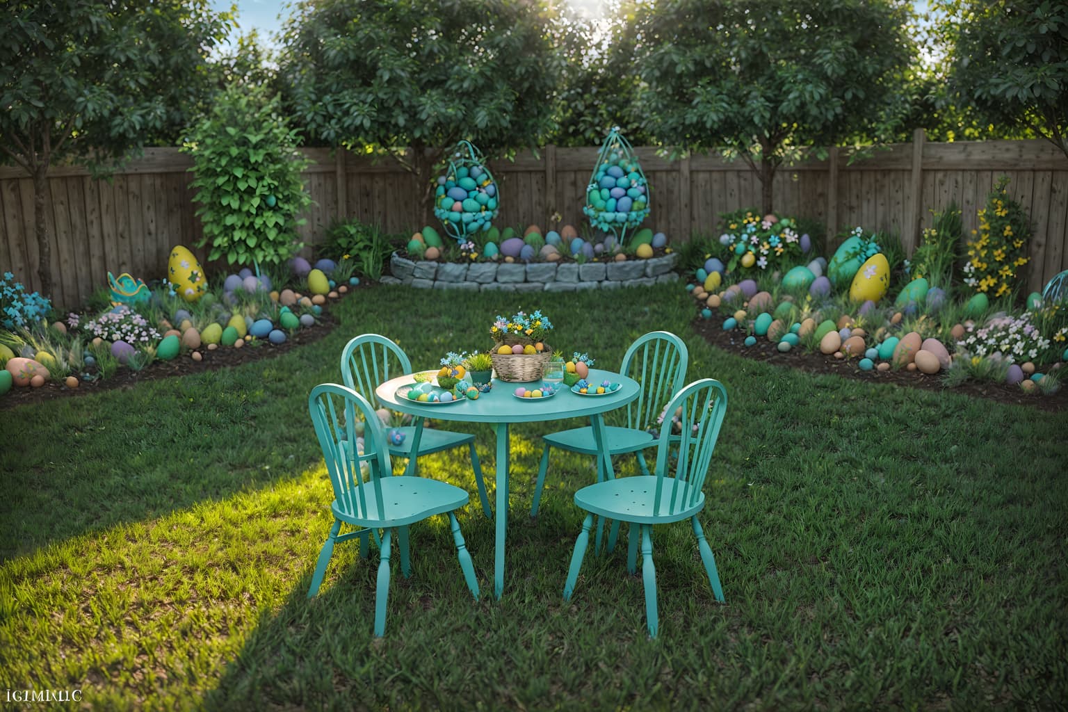 easter-style designed (outdoor garden ) with grass and garden plants and garden tree and grass. . with light blue colors and spring decorations and easter decorations and colorful easter eggs and flowers on table and light blue colors. . cinematic photo, highly detailed, cinematic lighting, ultra-detailed, ultrarealistic, photorealism, 8k. easter design style. masterpiece, cinematic light, ultrarealistic+, photorealistic+, 8k, raw photo, realistic, sharp focus on eyes, (symmetrical eyes), (intact eyes), hyperrealistic, highest quality, best quality, , highly detailed, masterpiece, best quality, extremely detailed 8k wallpaper, masterpiece, best quality, ultra-detailed, best shadow, detailed background, detailed face, detailed eyes, high contrast, best illumination, detailed face, dulux, caustic, dynamic angle, detailed glow. dramatic lighting. highly detailed, insanely detailed hair, symmetrical, intricate details, professionally retouched, 8k high definition. strong bokeh. award winning photo.
