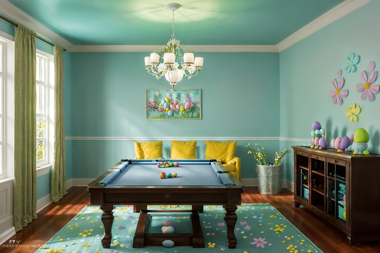 easter-style (gaming room interior) . with colorful easter eggs and light blue colors and easter decorations and flowers on table and spring decorations and colorful easter eggs. . cinematic photo, highly detailed, cinematic lighting, ultra-detailed, ultrarealistic, photorealism, 8k. easter interior design style. masterpiece, cinematic light, ultrarealistic+, photorealistic+, 8k, raw photo, realistic, sharp focus on eyes, (symmetrical eyes), (intact eyes), hyperrealistic, highest quality, best quality, , highly detailed, masterpiece, best quality, extremely detailed 8k wallpaper, masterpiece, best quality, ultra-detailed, best shadow, detailed background, detailed face, detailed eyes, high contrast, best illumination, detailed face, dulux, caustic, dynamic angle, detailed glow. dramatic lighting. highly detailed, insanely detailed hair, symmetrical, intricate details, professionally retouched, 8k high definition. strong bokeh. award winning photo.