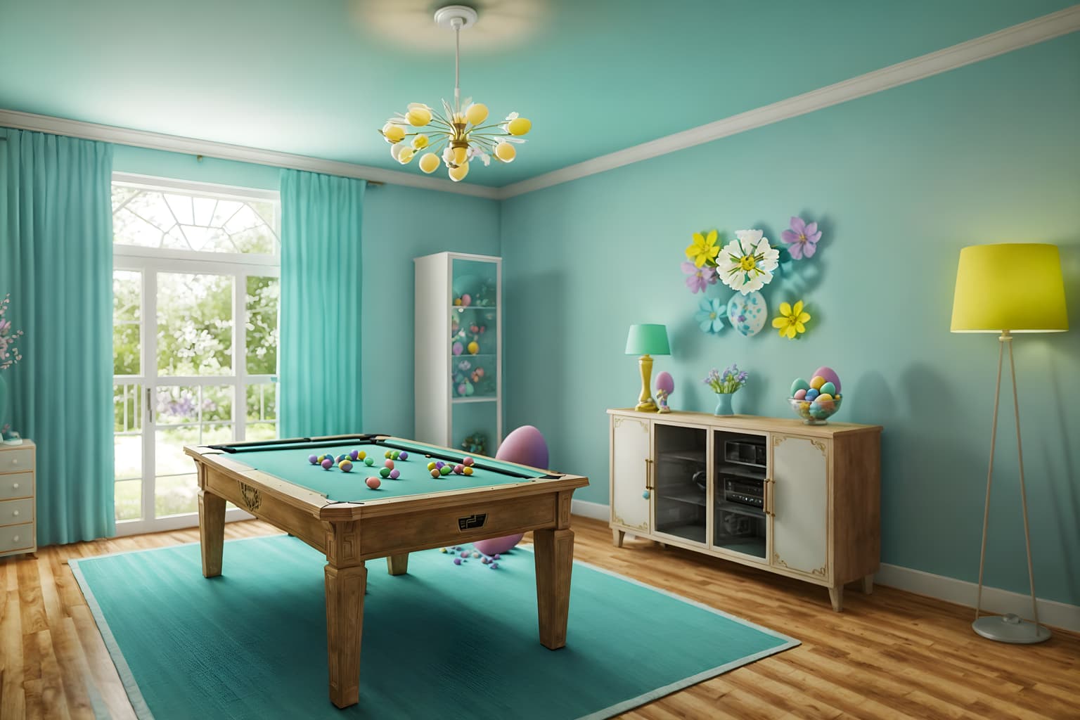 easter-style (gaming room interior) . with colorful easter eggs and light blue colors and easter decorations and flowers on table and spring decorations and colorful easter eggs. . cinematic photo, highly detailed, cinematic lighting, ultra-detailed, ultrarealistic, photorealism, 8k. easter interior design style. masterpiece, cinematic light, ultrarealistic+, photorealistic+, 8k, raw photo, realistic, sharp focus on eyes, (symmetrical eyes), (intact eyes), hyperrealistic, highest quality, best quality, , highly detailed, masterpiece, best quality, extremely detailed 8k wallpaper, masterpiece, best quality, ultra-detailed, best shadow, detailed background, detailed face, detailed eyes, high contrast, best illumination, detailed face, dulux, caustic, dynamic angle, detailed glow. dramatic lighting. highly detailed, insanely detailed hair, symmetrical, intricate details, professionally retouched, 8k high definition. strong bokeh. award winning photo.