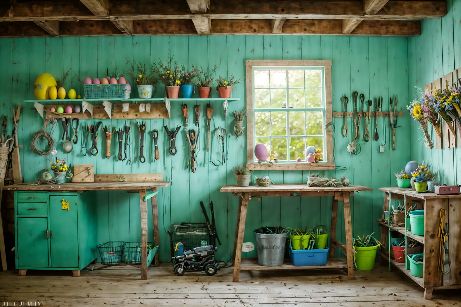 easter-style (workshop interior) with wooden workbench and messy and tool wall and wooden workbench. . with easter decorations and spring decorations and flowers on table and colorful easter eggs and light blue colors and easter decorations. . cinematic photo, highly detailed, cinematic lighting, ultra-detailed, ultrarealistic, photorealism, 8k. easter interior design style. masterpiece, cinematic light, ultrarealistic+, photorealistic+, 8k, raw photo, realistic, sharp focus on eyes, (symmetrical eyes), (intact eyes), hyperrealistic, highest quality, best quality, , highly detailed, masterpiece, best quality, extremely detailed 8k wallpaper, masterpiece, best quality, ultra-detailed, best shadow, detailed background, detailed face, detailed eyes, high contrast, best illumination, detailed face, dulux, caustic, dynamic angle, detailed glow. dramatic lighting. highly detailed, insanely detailed hair, symmetrical, intricate details, professionally retouched, 8k high definition. strong bokeh. award winning photo.