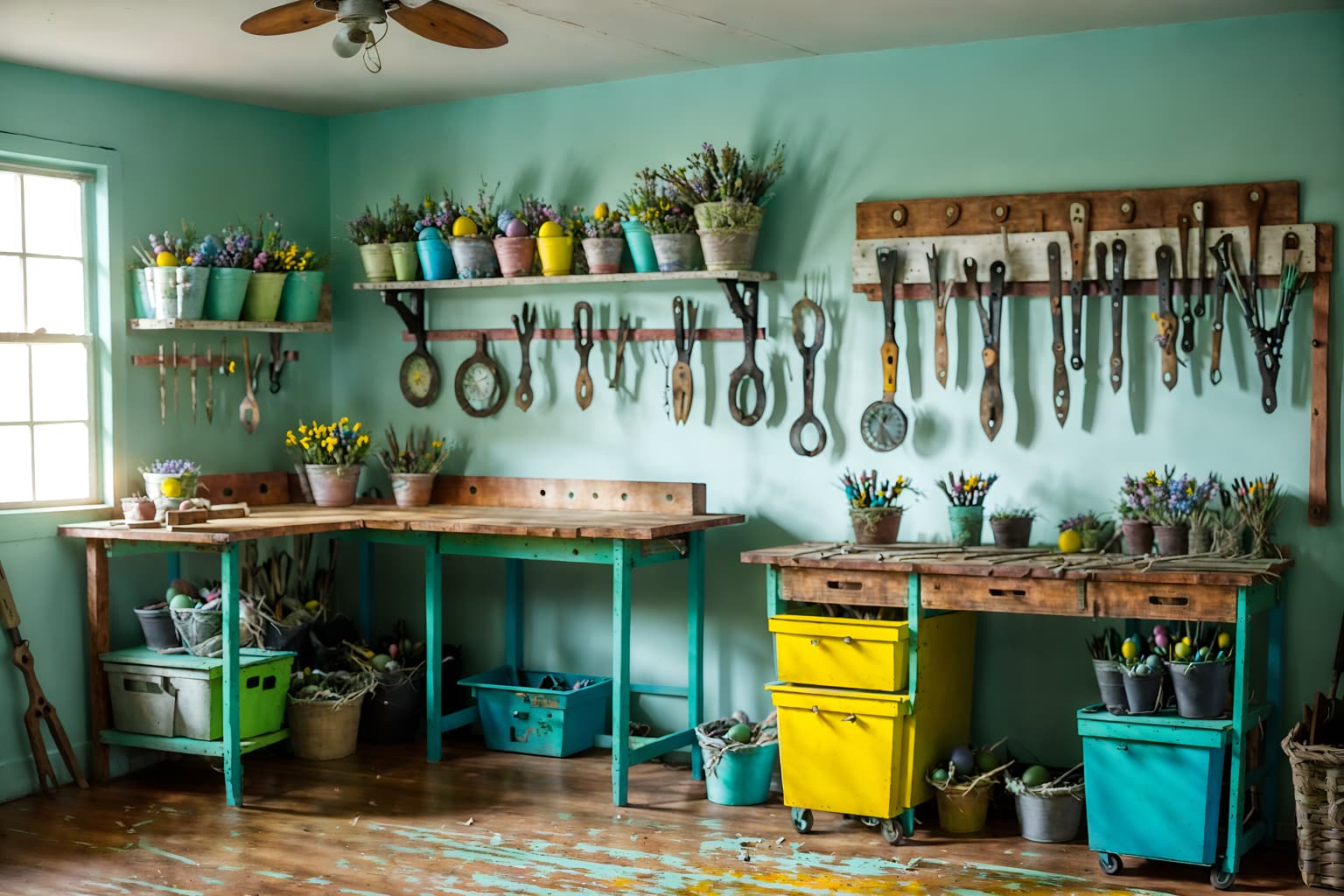 easter-style (workshop interior) with wooden workbench and messy and tool wall and wooden workbench. . with easter decorations and spring decorations and flowers on table and colorful easter eggs and light blue colors and easter decorations. . cinematic photo, highly detailed, cinematic lighting, ultra-detailed, ultrarealistic, photorealism, 8k. easter interior design style. masterpiece, cinematic light, ultrarealistic+, photorealistic+, 8k, raw photo, realistic, sharp focus on eyes, (symmetrical eyes), (intact eyes), hyperrealistic, highest quality, best quality, , highly detailed, masterpiece, best quality, extremely detailed 8k wallpaper, masterpiece, best quality, ultra-detailed, best shadow, detailed background, detailed face, detailed eyes, high contrast, best illumination, detailed face, dulux, caustic, dynamic angle, detailed glow. dramatic lighting. highly detailed, insanely detailed hair, symmetrical, intricate details, professionally retouched, 8k high definition. strong bokeh. award winning photo.
