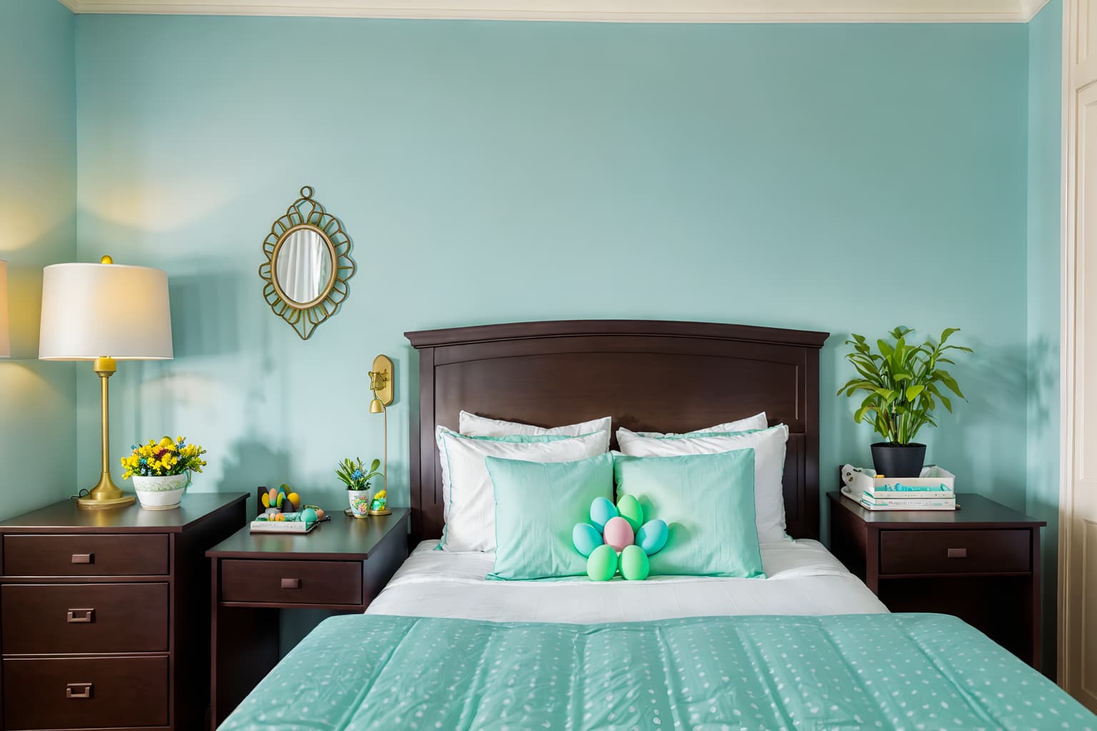 easter-style (hotel room interior) with hotel bathroom and dresser closet and bedside table or night stand and headboard and storage bench or ottoman and night light and working desk with desk chair and plant. . with easter decorations and light blue colors and colorful easter eggs and flowers on table and spring decorations and easter decorations. . cinematic photo, highly detailed, cinematic lighting, ultra-detailed, ultrarealistic, photorealism, 8k. easter interior design style. masterpiece, cinematic light, ultrarealistic+, photorealistic+, 8k, raw photo, realistic, sharp focus on eyes, (symmetrical eyes), (intact eyes), hyperrealistic, highest quality, best quality, , highly detailed, masterpiece, best quality, extremely detailed 8k wallpaper, masterpiece, best quality, ultra-detailed, best shadow, detailed background, detailed face, detailed eyes, high contrast, best illumination, detailed face, dulux, caustic, dynamic angle, detailed glow. dramatic lighting. highly detailed, insanely detailed hair, symmetrical, intricate details, professionally retouched, 8k high definition. strong bokeh. award winning photo.