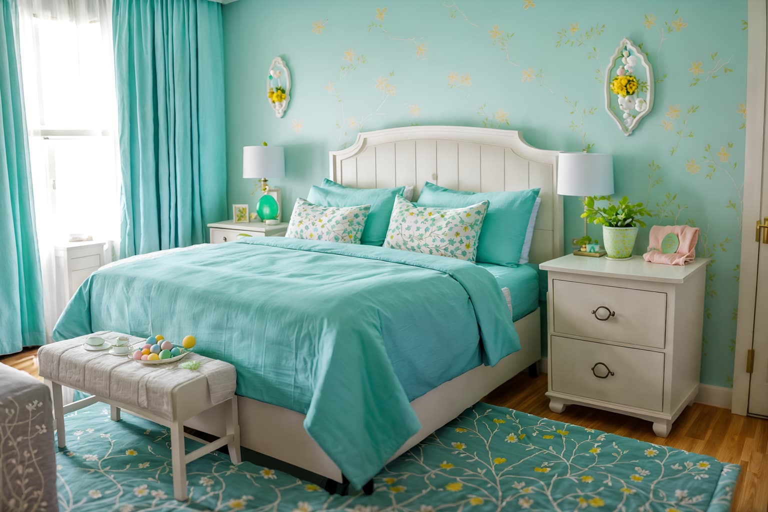 easter-style (hotel room interior) with hotel bathroom and dresser closet and bedside table or night stand and headboard and storage bench or ottoman and night light and working desk with desk chair and plant. . with easter decorations and light blue colors and colorful easter eggs and flowers on table and spring decorations and easter decorations. . cinematic photo, highly detailed, cinematic lighting, ultra-detailed, ultrarealistic, photorealism, 8k. easter interior design style. masterpiece, cinematic light, ultrarealistic+, photorealistic+, 8k, raw photo, realistic, sharp focus on eyes, (symmetrical eyes), (intact eyes), hyperrealistic, highest quality, best quality, , highly detailed, masterpiece, best quality, extremely detailed 8k wallpaper, masterpiece, best quality, ultra-detailed, best shadow, detailed background, detailed face, detailed eyes, high contrast, best illumination, detailed face, dulux, caustic, dynamic angle, detailed glow. dramatic lighting. highly detailed, insanely detailed hair, symmetrical, intricate details, professionally retouched, 8k high definition. strong bokeh. award winning photo.