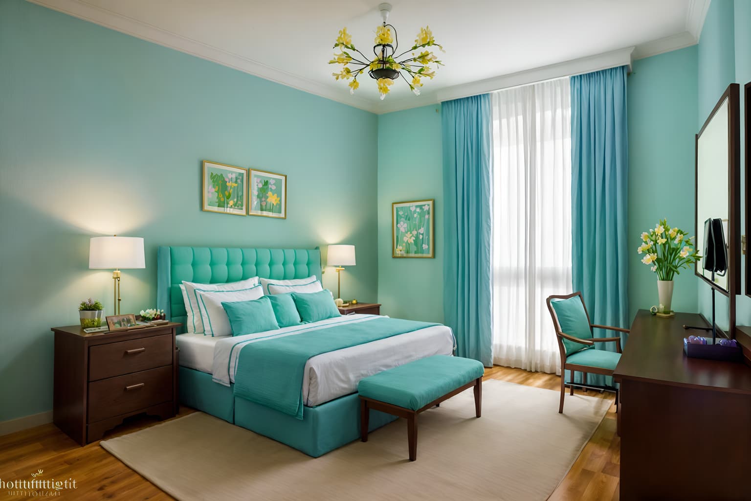 easter-style (hotel room interior) with hotel bathroom and dresser closet and bedside table or night stand and headboard and storage bench or ottoman and night light and working desk with desk chair and plant. . with easter decorations and light blue colors and colorful easter eggs and flowers on table and spring decorations and easter decorations. . cinematic photo, highly detailed, cinematic lighting, ultra-detailed, ultrarealistic, photorealism, 8k. easter interior design style. masterpiece, cinematic light, ultrarealistic+, photorealistic+, 8k, raw photo, realistic, sharp focus on eyes, (symmetrical eyes), (intact eyes), hyperrealistic, highest quality, best quality, , highly detailed, masterpiece, best quality, extremely detailed 8k wallpaper, masterpiece, best quality, ultra-detailed, best shadow, detailed background, detailed face, detailed eyes, high contrast, best illumination, detailed face, dulux, caustic, dynamic angle, detailed glow. dramatic lighting. highly detailed, insanely detailed hair, symmetrical, intricate details, professionally retouched, 8k high definition. strong bokeh. award winning photo.