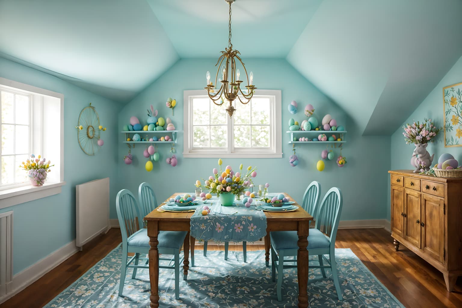 easter-style (attic interior) . with spring decorations and easter decorations and light blue colors and flowers on table and colorful easter eggs and spring decorations. . cinematic photo, highly detailed, cinematic lighting, ultra-detailed, ultrarealistic, photorealism, 8k. easter interior design style. masterpiece, cinematic light, ultrarealistic+, photorealistic+, 8k, raw photo, realistic, sharp focus on eyes, (symmetrical eyes), (intact eyes), hyperrealistic, highest quality, best quality, , highly detailed, masterpiece, best quality, extremely detailed 8k wallpaper, masterpiece, best quality, ultra-detailed, best shadow, detailed background, detailed face, detailed eyes, high contrast, best illumination, detailed face, dulux, caustic, dynamic angle, detailed glow. dramatic lighting. highly detailed, insanely detailed hair, symmetrical, intricate details, professionally retouched, 8k high definition. strong bokeh. award winning photo.
