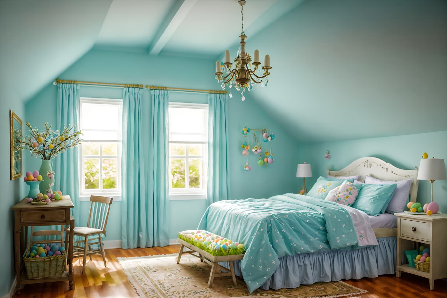 easter-style (attic interior) . with spring decorations and easter decorations and light blue colors and flowers on table and colorful easter eggs and spring decorations. . cinematic photo, highly detailed, cinematic lighting, ultra-detailed, ultrarealistic, photorealism, 8k. easter interior design style. masterpiece, cinematic light, ultrarealistic+, photorealistic+, 8k, raw photo, realistic, sharp focus on eyes, (symmetrical eyes), (intact eyes), hyperrealistic, highest quality, best quality, , highly detailed, masterpiece, best quality, extremely detailed 8k wallpaper, masterpiece, best quality, ultra-detailed, best shadow, detailed background, detailed face, detailed eyes, high contrast, best illumination, detailed face, dulux, caustic, dynamic angle, detailed glow. dramatic lighting. highly detailed, insanely detailed hair, symmetrical, intricate details, professionally retouched, 8k high definition. strong bokeh. award winning photo.