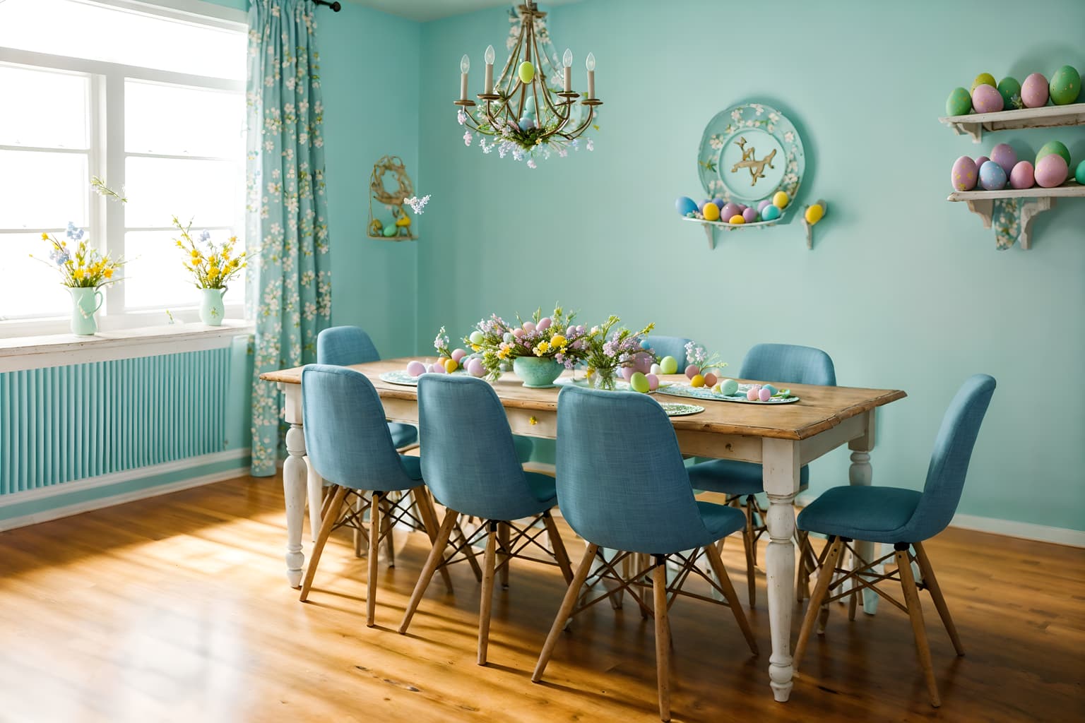 easter-style (attic interior) . with spring decorations and easter decorations and light blue colors and flowers on table and colorful easter eggs and spring decorations. . cinematic photo, highly detailed, cinematic lighting, ultra-detailed, ultrarealistic, photorealism, 8k. easter interior design style. masterpiece, cinematic light, ultrarealistic+, photorealistic+, 8k, raw photo, realistic, sharp focus on eyes, (symmetrical eyes), (intact eyes), hyperrealistic, highest quality, best quality, , highly detailed, masterpiece, best quality, extremely detailed 8k wallpaper, masterpiece, best quality, ultra-detailed, best shadow, detailed background, detailed face, detailed eyes, high contrast, best illumination, detailed face, dulux, caustic, dynamic angle, detailed glow. dramatic lighting. highly detailed, insanely detailed hair, symmetrical, intricate details, professionally retouched, 8k high definition. strong bokeh. award winning photo.