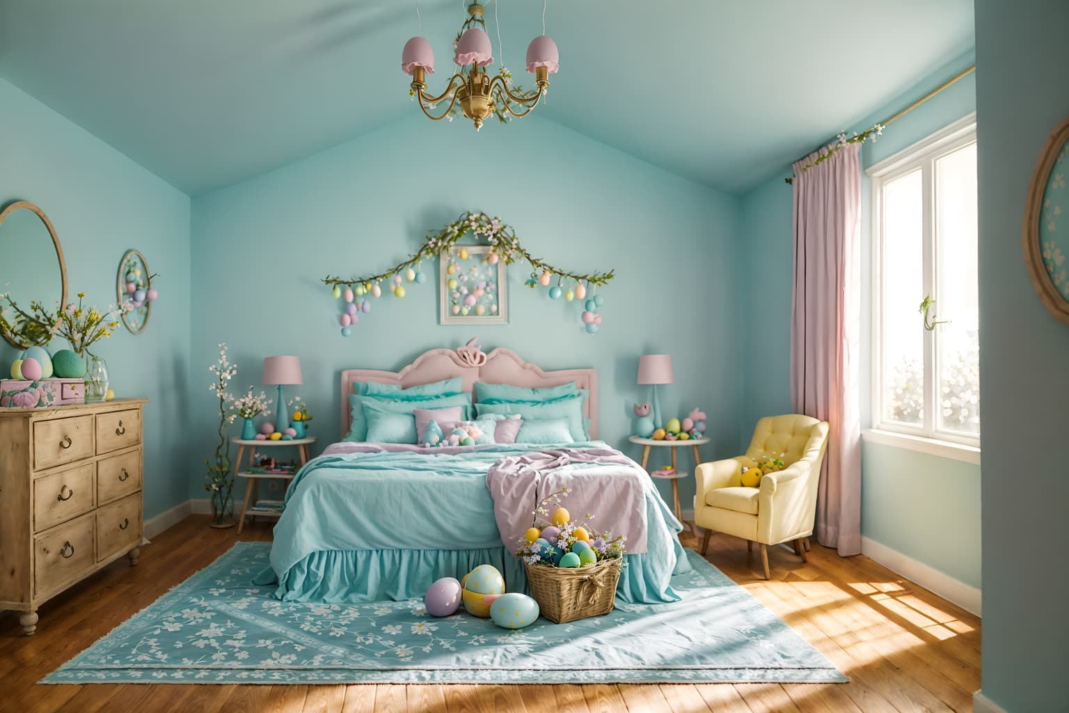 easter-style (attic interior) . with spring decorations and easter decorations and light blue colors and flowers on table and colorful easter eggs and spring decorations. . cinematic photo, highly detailed, cinematic lighting, ultra-detailed, ultrarealistic, photorealism, 8k. easter interior design style. masterpiece, cinematic light, ultrarealistic+, photorealistic+, 8k, raw photo, realistic, sharp focus on eyes, (symmetrical eyes), (intact eyes), hyperrealistic, highest quality, best quality, , highly detailed, masterpiece, best quality, extremely detailed 8k wallpaper, masterpiece, best quality, ultra-detailed, best shadow, detailed background, detailed face, detailed eyes, high contrast, best illumination, detailed face, dulux, caustic, dynamic angle, detailed glow. dramatic lighting. highly detailed, insanely detailed hair, symmetrical, intricate details, professionally retouched, 8k high definition. strong bokeh. award winning photo.