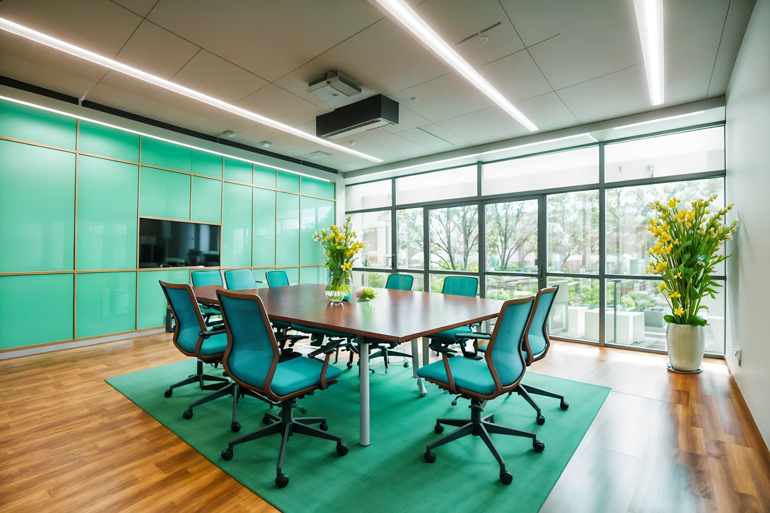 easter-style (meeting room interior) with cabinets and boardroom table and painting or photo on wall and office chairs and vase and plant and glass walls and glass doors. . with spring decorations and flowers on table and colorful easter eggs and easter decorations and light blue colors and spring decorations. . cinematic photo, highly detailed, cinematic lighting, ultra-detailed, ultrarealistic, photorealism, 8k. easter interior design style. masterpiece, cinematic light, ultrarealistic+, photorealistic+, 8k, raw photo, realistic, sharp focus on eyes, (symmetrical eyes), (intact eyes), hyperrealistic, highest quality, best quality, , highly detailed, masterpiece, best quality, extremely detailed 8k wallpaper, masterpiece, best quality, ultra-detailed, best shadow, detailed background, detailed face, detailed eyes, high contrast, best illumination, detailed face, dulux, caustic, dynamic angle, detailed glow. dramatic lighting. highly detailed, insanely detailed hair, symmetrical, intricate details, professionally retouched, 8k high definition. strong bokeh. award winning photo.