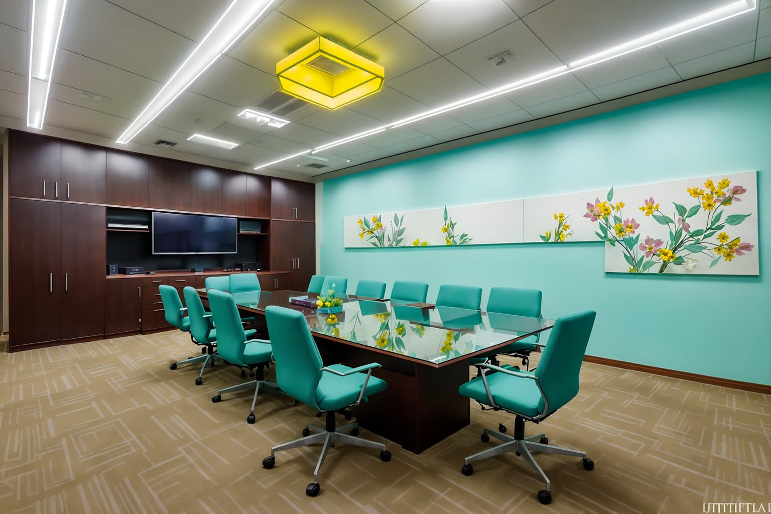 easter-style (meeting room interior) with cabinets and boardroom table and painting or photo on wall and office chairs and vase and plant and glass walls and glass doors. . with spring decorations and flowers on table and colorful easter eggs and easter decorations and light blue colors and spring decorations. . cinematic photo, highly detailed, cinematic lighting, ultra-detailed, ultrarealistic, photorealism, 8k. easter interior design style. masterpiece, cinematic light, ultrarealistic+, photorealistic+, 8k, raw photo, realistic, sharp focus on eyes, (symmetrical eyes), (intact eyes), hyperrealistic, highest quality, best quality, , highly detailed, masterpiece, best quality, extremely detailed 8k wallpaper, masterpiece, best quality, ultra-detailed, best shadow, detailed background, detailed face, detailed eyes, high contrast, best illumination, detailed face, dulux, caustic, dynamic angle, detailed glow. dramatic lighting. highly detailed, insanely detailed hair, symmetrical, intricate details, professionally retouched, 8k high definition. strong bokeh. award winning photo.