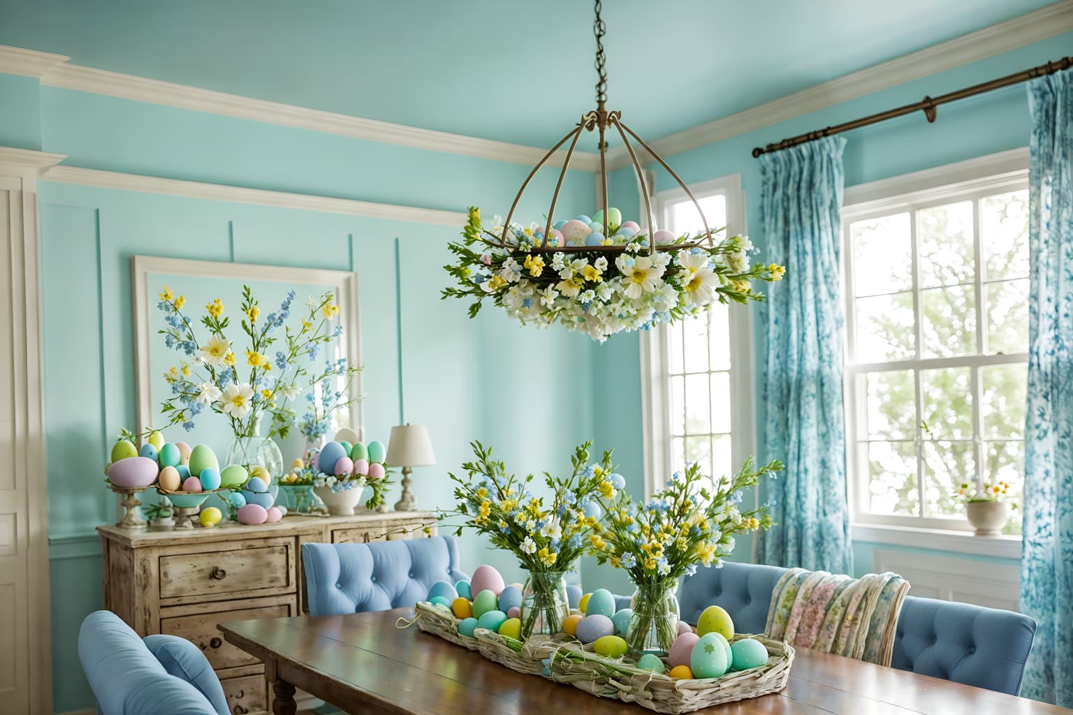 easter-style (clothing store interior) . with flowers on table and light blue colors and spring decorations and colorful easter eggs and easter decorations and flowers on table. . cinematic photo, highly detailed, cinematic lighting, ultra-detailed, ultrarealistic, photorealism, 8k. easter interior design style. masterpiece, cinematic light, ultrarealistic+, photorealistic+, 8k, raw photo, realistic, sharp focus on eyes, (symmetrical eyes), (intact eyes), hyperrealistic, highest quality, best quality, , highly detailed, masterpiece, best quality, extremely detailed 8k wallpaper, masterpiece, best quality, ultra-detailed, best shadow, detailed background, detailed face, detailed eyes, high contrast, best illumination, detailed face, dulux, caustic, dynamic angle, detailed glow. dramatic lighting. highly detailed, insanely detailed hair, symmetrical, intricate details, professionally retouched, 8k high definition. strong bokeh. award winning photo.