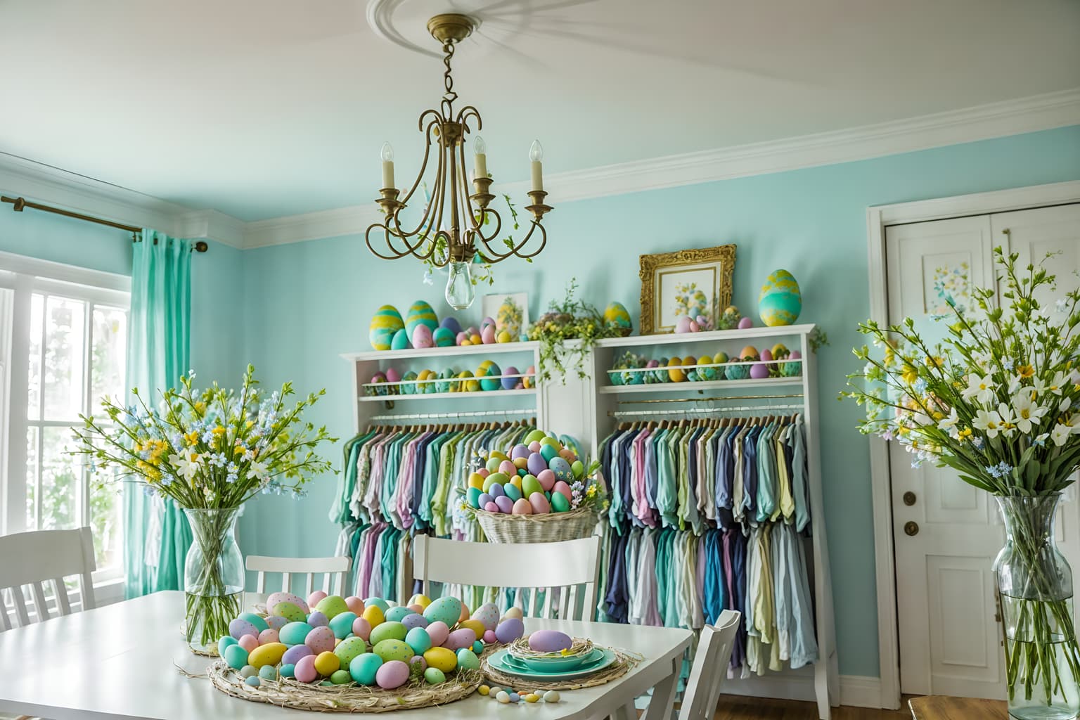 easter-style (clothing store interior) . with flowers on table and light blue colors and spring decorations and colorful easter eggs and easter decorations and flowers on table. . cinematic photo, highly detailed, cinematic lighting, ultra-detailed, ultrarealistic, photorealism, 8k. easter interior design style. masterpiece, cinematic light, ultrarealistic+, photorealistic+, 8k, raw photo, realistic, sharp focus on eyes, (symmetrical eyes), (intact eyes), hyperrealistic, highest quality, best quality, , highly detailed, masterpiece, best quality, extremely detailed 8k wallpaper, masterpiece, best quality, ultra-detailed, best shadow, detailed background, detailed face, detailed eyes, high contrast, best illumination, detailed face, dulux, caustic, dynamic angle, detailed glow. dramatic lighting. highly detailed, insanely detailed hair, symmetrical, intricate details, professionally retouched, 8k high definition. strong bokeh. award winning photo.