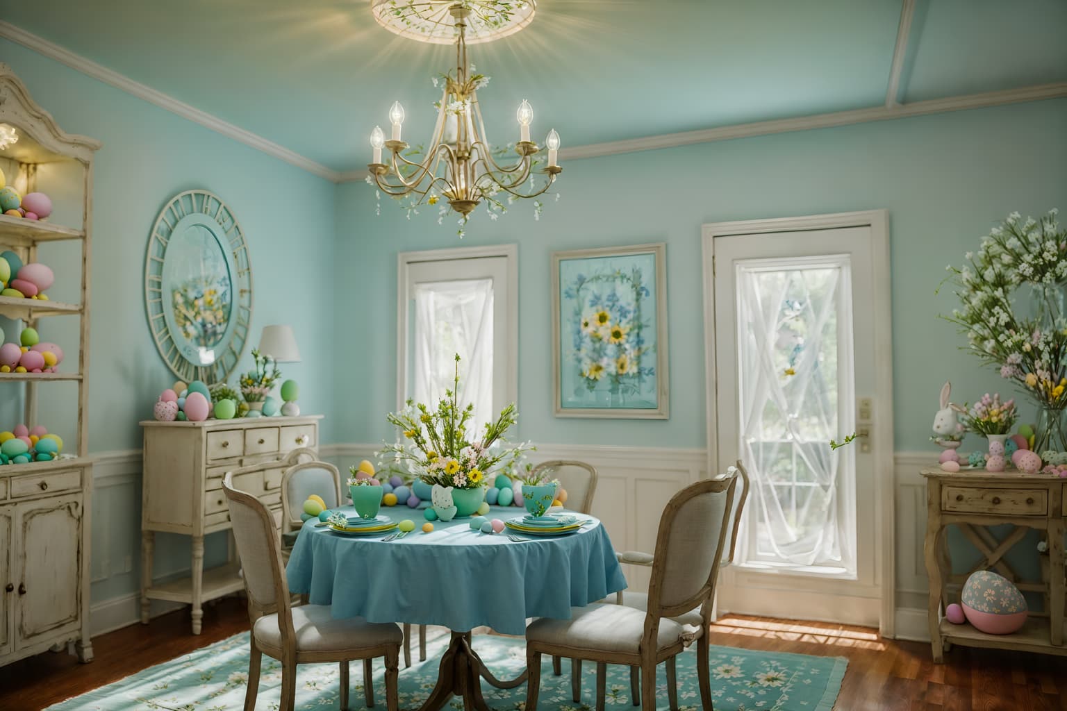 easter-style (clothing store interior) . with flowers on table and light blue colors and spring decorations and colorful easter eggs and easter decorations and flowers on table. . cinematic photo, highly detailed, cinematic lighting, ultra-detailed, ultrarealistic, photorealism, 8k. easter interior design style. masterpiece, cinematic light, ultrarealistic+, photorealistic+, 8k, raw photo, realistic, sharp focus on eyes, (symmetrical eyes), (intact eyes), hyperrealistic, highest quality, best quality, , highly detailed, masterpiece, best quality, extremely detailed 8k wallpaper, masterpiece, best quality, ultra-detailed, best shadow, detailed background, detailed face, detailed eyes, high contrast, best illumination, detailed face, dulux, caustic, dynamic angle, detailed glow. dramatic lighting. highly detailed, insanely detailed hair, symmetrical, intricate details, professionally retouched, 8k high definition. strong bokeh. award winning photo.