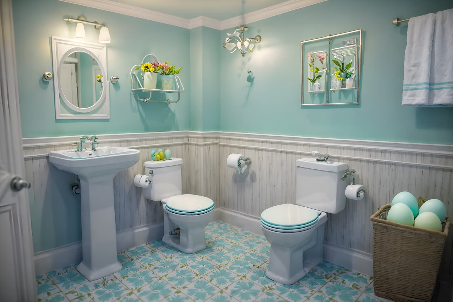 easter-style (hotel bathroom interior) with toilet seat and bathroom sink with faucet and bathtub and waste basket and bathroom cabinet and plant and bath rail and shower. . with light blue colors and spring decorations and flowers on table and colorful easter eggs and easter decorations and light blue colors. . cinematic photo, highly detailed, cinematic lighting, ultra-detailed, ultrarealistic, photorealism, 8k. easter interior design style. masterpiece, cinematic light, ultrarealistic+, photorealistic+, 8k, raw photo, realistic, sharp focus on eyes, (symmetrical eyes), (intact eyes), hyperrealistic, highest quality, best quality, , highly detailed, masterpiece, best quality, extremely detailed 8k wallpaper, masterpiece, best quality, ultra-detailed, best shadow, detailed background, detailed face, detailed eyes, high contrast, best illumination, detailed face, dulux, caustic, dynamic angle, detailed glow. dramatic lighting. highly detailed, insanely detailed hair, symmetrical, intricate details, professionally retouched, 8k high definition. strong bokeh. award winning photo.