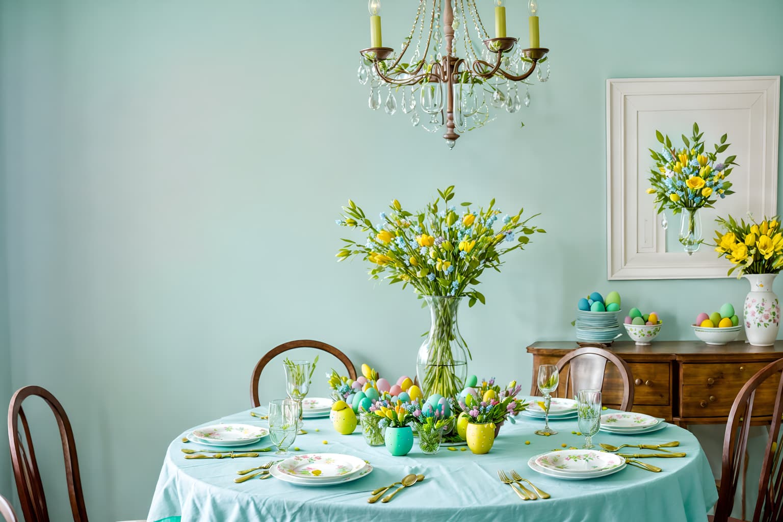 easter-style (dining room interior) with table cloth and painting or photo on wall and dining table and dining table chairs and light or chandelier and vase and plant and plates, cutlery and glasses on dining table. . with flowers on table and colorful easter eggs and light blue colors and spring decorations and easter decorations and flowers on table. . cinematic photo, highly detailed, cinematic lighting, ultra-detailed, ultrarealistic, photorealism, 8k. easter interior design style. masterpiece, cinematic light, ultrarealistic+, photorealistic+, 8k, raw photo, realistic, sharp focus on eyes, (symmetrical eyes), (intact eyes), hyperrealistic, highest quality, best quality, , highly detailed, masterpiece, best quality, extremely detailed 8k wallpaper, masterpiece, best quality, ultra-detailed, best shadow, detailed background, detailed face, detailed eyes, high contrast, best illumination, detailed face, dulux, caustic, dynamic angle, detailed glow. dramatic lighting. highly detailed, insanely detailed hair, symmetrical, intricate details, professionally retouched, 8k high definition. strong bokeh. award winning photo.