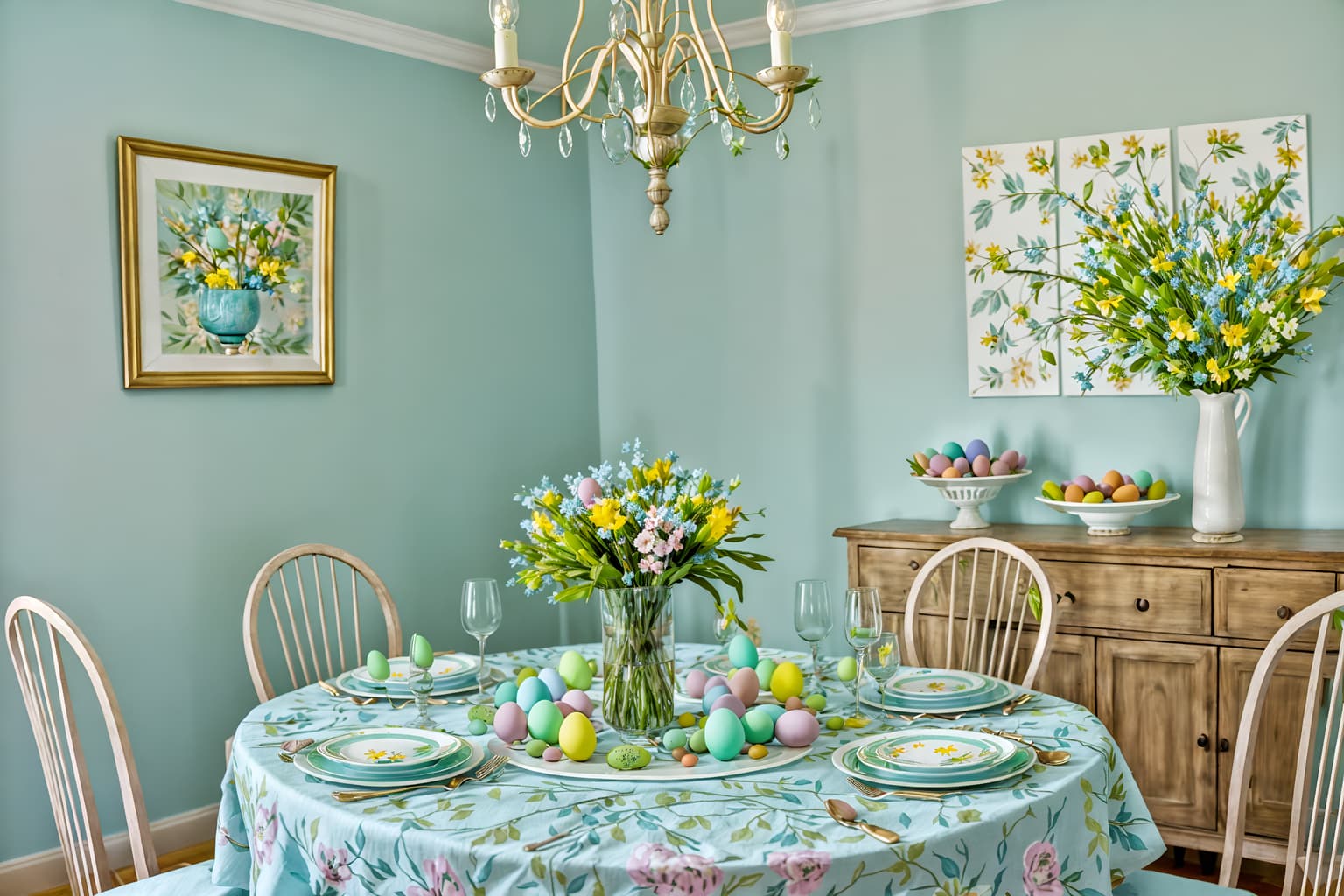 easter-style (dining room interior) with table cloth and painting or photo on wall and dining table and dining table chairs and light or chandelier and vase and plant and plates, cutlery and glasses on dining table. . with flowers on table and colorful easter eggs and light blue colors and spring decorations and easter decorations and flowers on table. . cinematic photo, highly detailed, cinematic lighting, ultra-detailed, ultrarealistic, photorealism, 8k. easter interior design style. masterpiece, cinematic light, ultrarealistic+, photorealistic+, 8k, raw photo, realistic, sharp focus on eyes, (symmetrical eyes), (intact eyes), hyperrealistic, highest quality, best quality, , highly detailed, masterpiece, best quality, extremely detailed 8k wallpaper, masterpiece, best quality, ultra-detailed, best shadow, detailed background, detailed face, detailed eyes, high contrast, best illumination, detailed face, dulux, caustic, dynamic angle, detailed glow. dramatic lighting. highly detailed, insanely detailed hair, symmetrical, intricate details, professionally retouched, 8k high definition. strong bokeh. award winning photo.