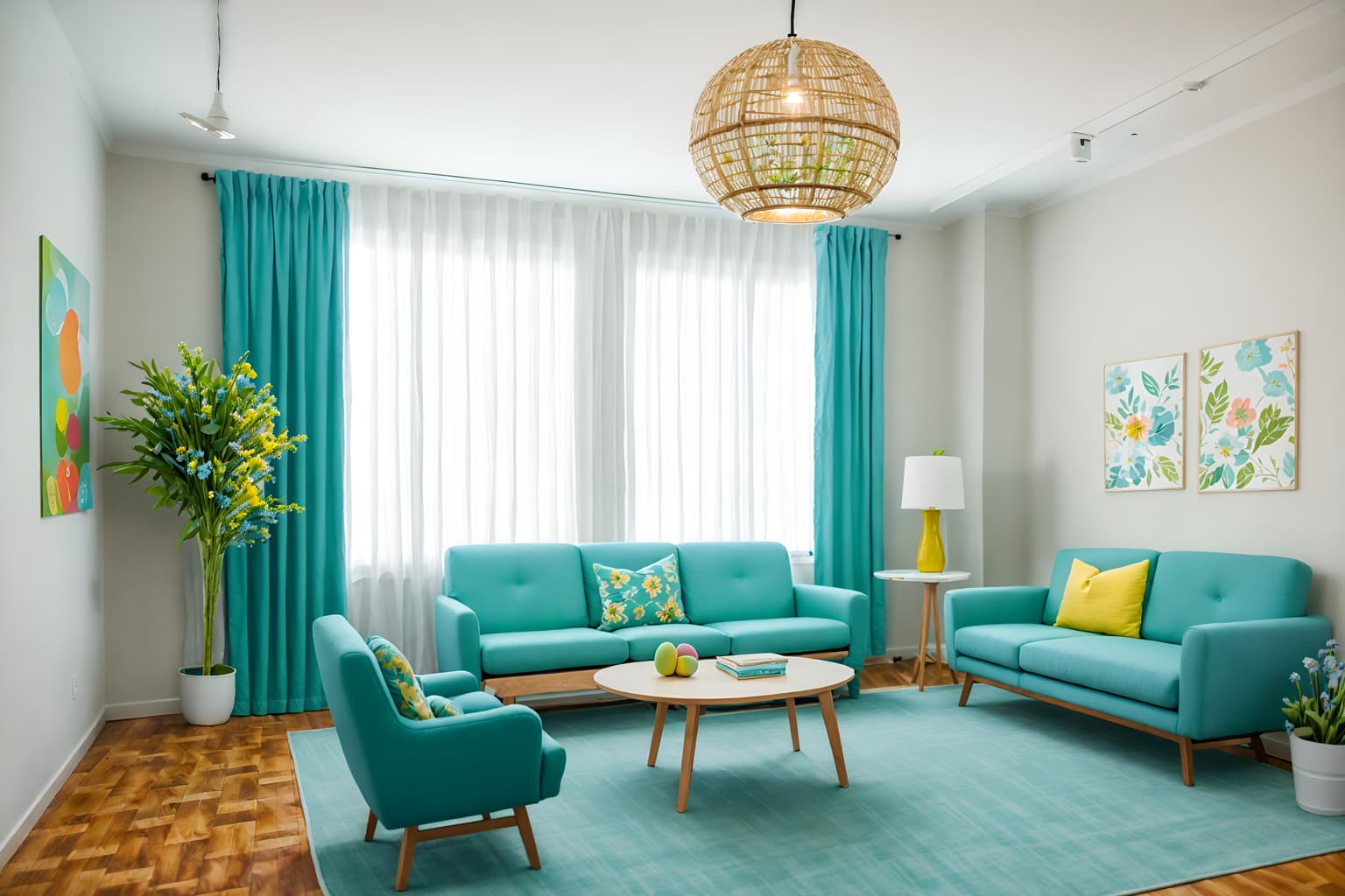 easter-style (coworking space interior) with seating area with sofa and office desks and lounge chairs and office chairs and seating area with sofa. . with light blue colors and flowers on table and spring decorations and easter decorations and colorful easter eggs and light blue colors. . cinematic photo, highly detailed, cinematic lighting, ultra-detailed, ultrarealistic, photorealism, 8k. easter interior design style. masterpiece, cinematic light, ultrarealistic+, photorealistic+, 8k, raw photo, realistic, sharp focus on eyes, (symmetrical eyes), (intact eyes), hyperrealistic, highest quality, best quality, , highly detailed, masterpiece, best quality, extremely detailed 8k wallpaper, masterpiece, best quality, ultra-detailed, best shadow, detailed background, detailed face, detailed eyes, high contrast, best illumination, detailed face, dulux, caustic, dynamic angle, detailed glow. dramatic lighting. highly detailed, insanely detailed hair, symmetrical, intricate details, professionally retouched, 8k high definition. strong bokeh. award winning photo.