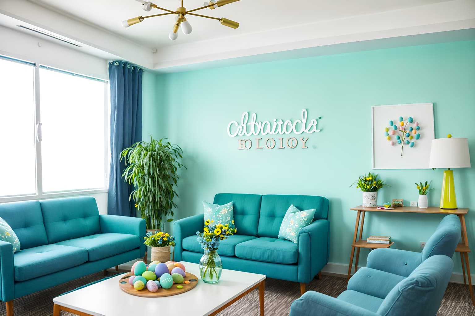 easter-style (coworking space interior) with seating area with sofa and office desks and lounge chairs and office chairs and seating area with sofa. . with light blue colors and flowers on table and spring decorations and easter decorations and colorful easter eggs and light blue colors. . cinematic photo, highly detailed, cinematic lighting, ultra-detailed, ultrarealistic, photorealism, 8k. easter interior design style. masterpiece, cinematic light, ultrarealistic+, photorealistic+, 8k, raw photo, realistic, sharp focus on eyes, (symmetrical eyes), (intact eyes), hyperrealistic, highest quality, best quality, , highly detailed, masterpiece, best quality, extremely detailed 8k wallpaper, masterpiece, best quality, ultra-detailed, best shadow, detailed background, detailed face, detailed eyes, high contrast, best illumination, detailed face, dulux, caustic, dynamic angle, detailed glow. dramatic lighting. highly detailed, insanely detailed hair, symmetrical, intricate details, professionally retouched, 8k high definition. strong bokeh. award winning photo.