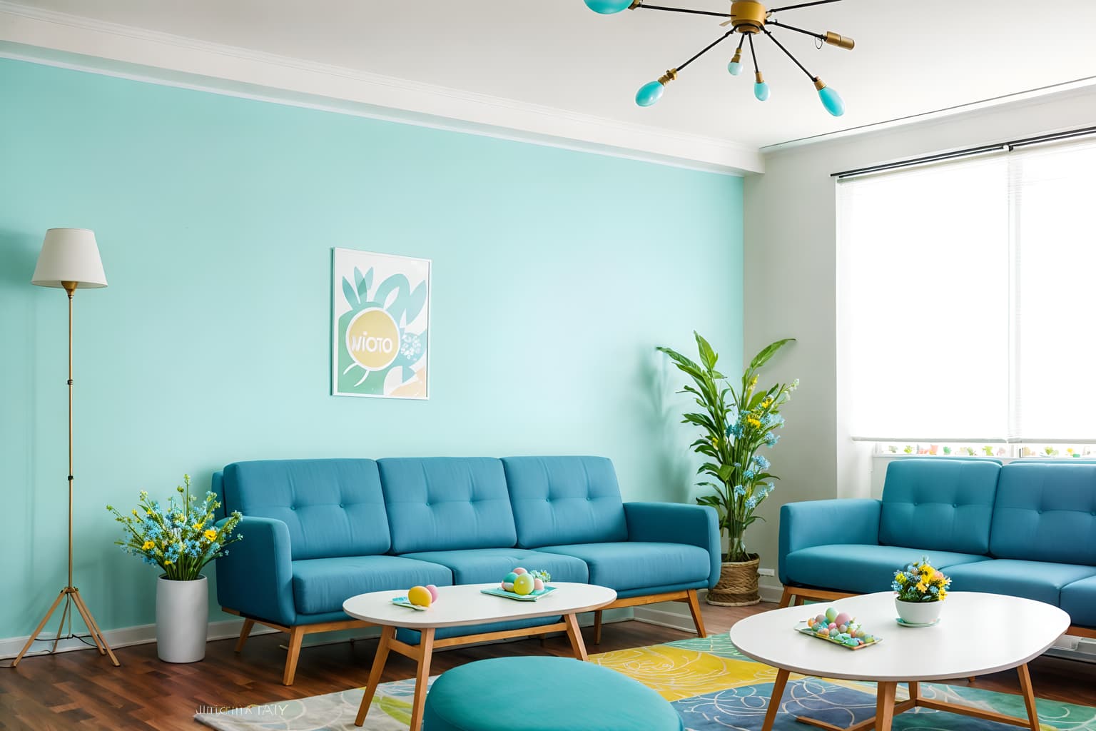 easter-style (coworking space interior) with seating area with sofa and office desks and lounge chairs and office chairs and seating area with sofa. . with light blue colors and flowers on table and spring decorations and easter decorations and colorful easter eggs and light blue colors. . cinematic photo, highly detailed, cinematic lighting, ultra-detailed, ultrarealistic, photorealism, 8k. easter interior design style. masterpiece, cinematic light, ultrarealistic+, photorealistic+, 8k, raw photo, realistic, sharp focus on eyes, (symmetrical eyes), (intact eyes), hyperrealistic, highest quality, best quality, , highly detailed, masterpiece, best quality, extremely detailed 8k wallpaper, masterpiece, best quality, ultra-detailed, best shadow, detailed background, detailed face, detailed eyes, high contrast, best illumination, detailed face, dulux, caustic, dynamic angle, detailed glow. dramatic lighting. highly detailed, insanely detailed hair, symmetrical, intricate details, professionally retouched, 8k high definition. strong bokeh. award winning photo.