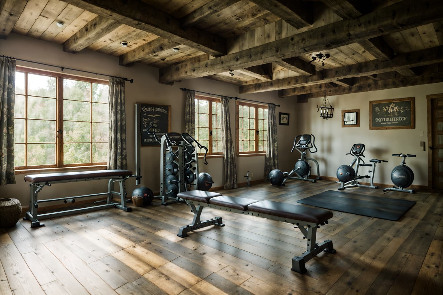 cottagecore-style (fitness gym interior) with bench press and squat rack and dumbbell stand and crosstrainer and exercise bicycle and bench press. . with rustic and organic and cottage style and traditional and country style and earthy and muted colors and floral patterns. . cinematic photo, highly detailed, cinematic lighting, ultra-detailed, ultrarealistic, photorealism, 8k. cottagecore interior design style. masterpiece, cinematic light, ultrarealistic+, photorealistic+, 8k, raw photo, realistic, sharp focus on eyes, (symmetrical eyes), (intact eyes), hyperrealistic, highest quality, best quality, , highly detailed, masterpiece, best quality, extremely detailed 8k wallpaper, masterpiece, best quality, ultra-detailed, best shadow, detailed background, detailed face, detailed eyes, high contrast, best illumination, detailed face, dulux, caustic, dynamic angle, detailed glow. dramatic lighting. highly detailed, insanely detailed hair, symmetrical, intricate details, professionally retouched, 8k high definition. strong bokeh. award winning photo.