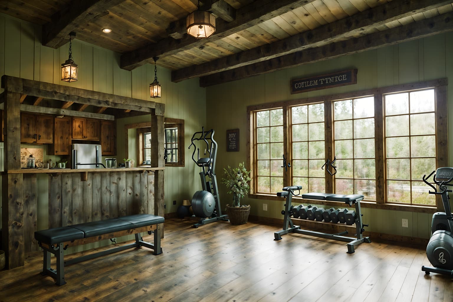 cottagecore-style (fitness gym interior) with bench press and squat rack and dumbbell stand and crosstrainer and exercise bicycle and bench press. . with rustic and organic and cottage style and traditional and country style and earthy and muted colors and floral patterns. . cinematic photo, highly detailed, cinematic lighting, ultra-detailed, ultrarealistic, photorealism, 8k. cottagecore interior design style. masterpiece, cinematic light, ultrarealistic+, photorealistic+, 8k, raw photo, realistic, sharp focus on eyes, (symmetrical eyes), (intact eyes), hyperrealistic, highest quality, best quality, , highly detailed, masterpiece, best quality, extremely detailed 8k wallpaper, masterpiece, best quality, ultra-detailed, best shadow, detailed background, detailed face, detailed eyes, high contrast, best illumination, detailed face, dulux, caustic, dynamic angle, detailed glow. dramatic lighting. highly detailed, insanely detailed hair, symmetrical, intricate details, professionally retouched, 8k high definition. strong bokeh. award winning photo.