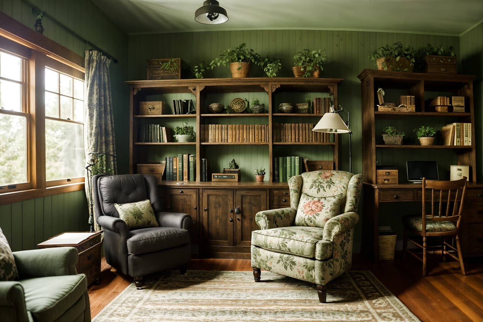 cottagecore-style (study room interior) with lounge chair and desk lamp and office chair and bookshelves and plant and cabinets and writing desk and lounge chair. . with organic and rustic and floral patterns and earthy and cottage style and country style and natural and muted colors. . cinematic photo, highly detailed, cinematic lighting, ultra-detailed, ultrarealistic, photorealism, 8k. cottagecore interior design style. masterpiece, cinematic light, ultrarealistic+, photorealistic+, 8k, raw photo, realistic, sharp focus on eyes, (symmetrical eyes), (intact eyes), hyperrealistic, highest quality, best quality, , highly detailed, masterpiece, best quality, extremely detailed 8k wallpaper, masterpiece, best quality, ultra-detailed, best shadow, detailed background, detailed face, detailed eyes, high contrast, best illumination, detailed face, dulux, caustic, dynamic angle, detailed glow. dramatic lighting. highly detailed, insanely detailed hair, symmetrical, intricate details, professionally retouched, 8k high definition. strong bokeh. award winning photo.